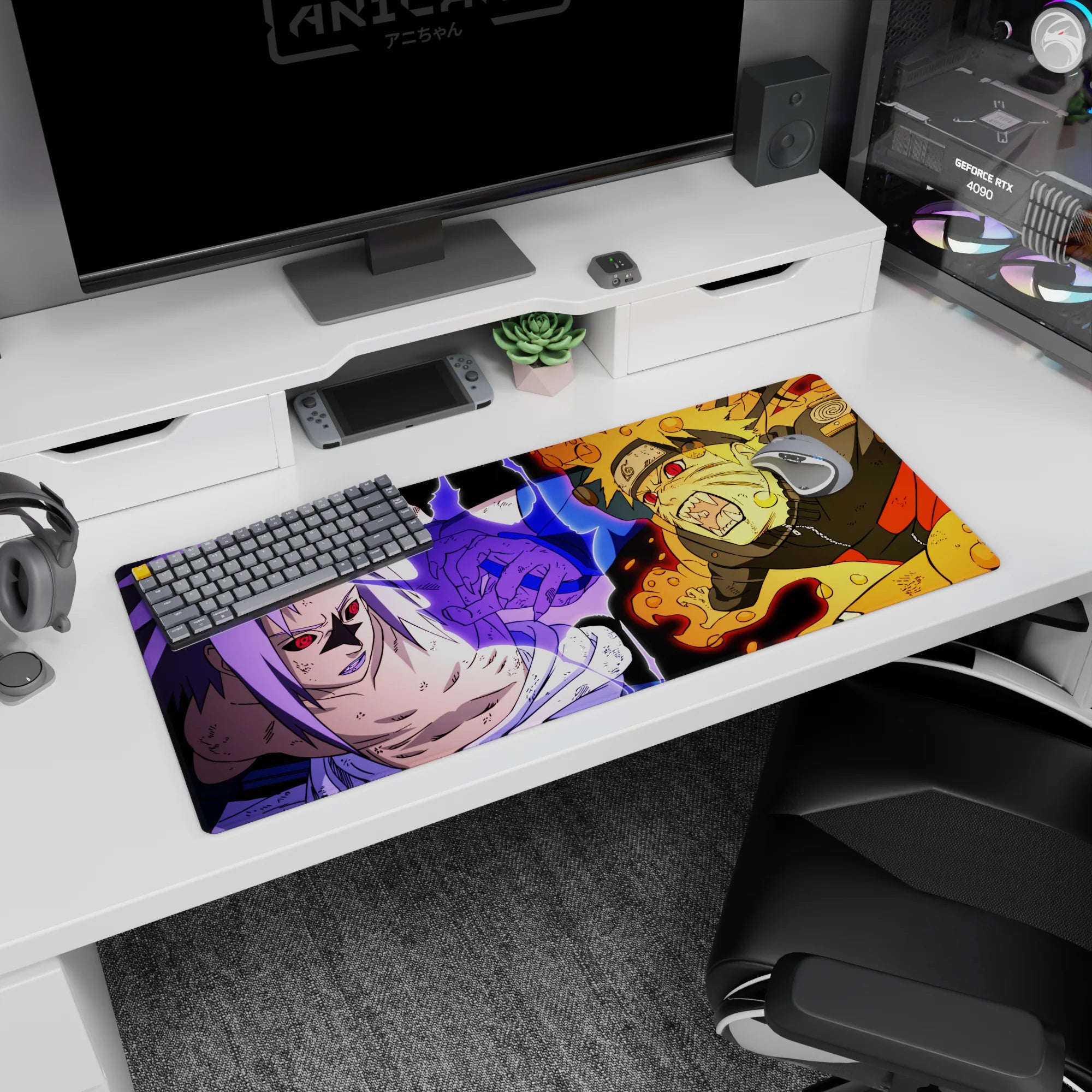 36x16 inches Naruto Shippuden desk pad showing Kurama-rage Naruto facing Sharingan Sasuke.