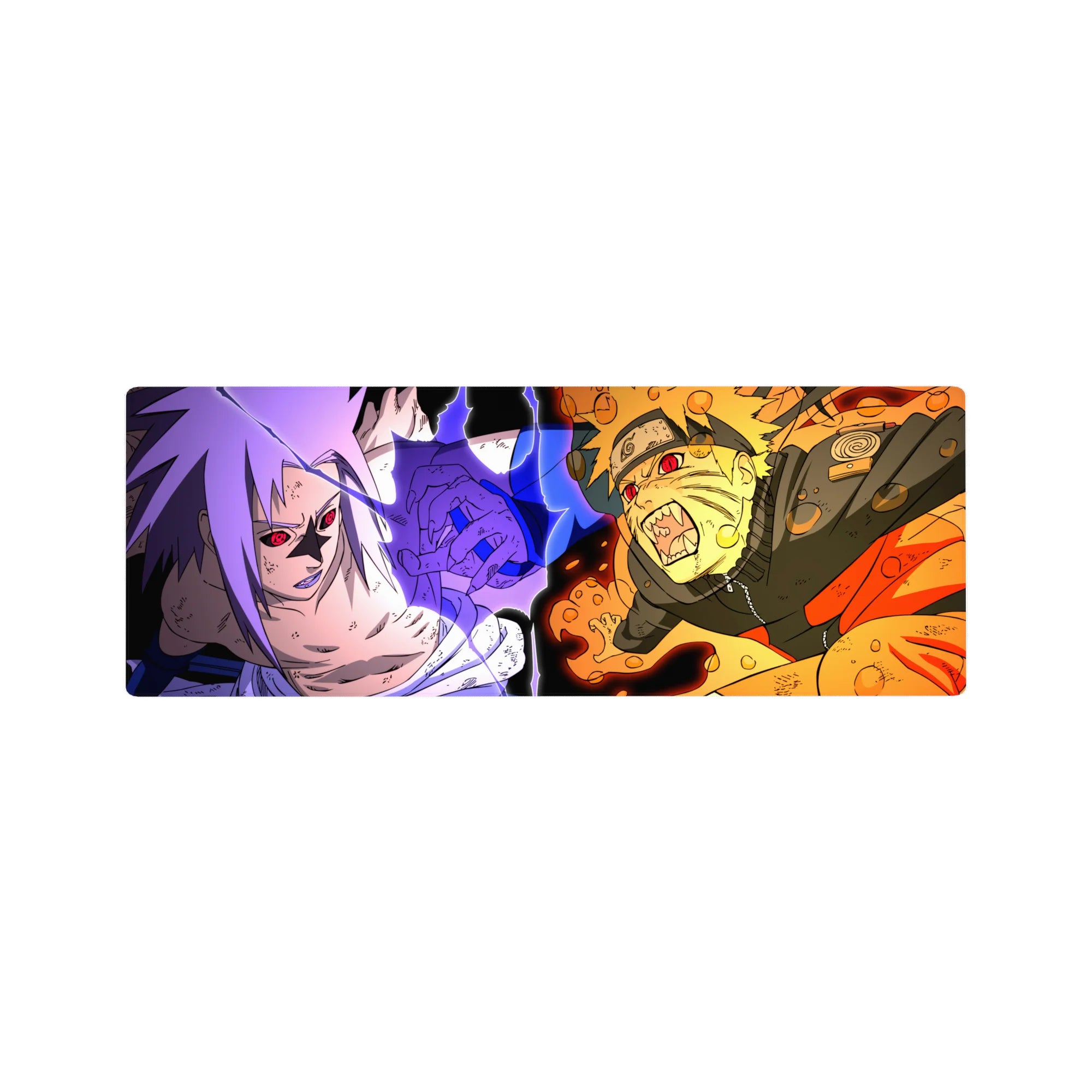 32x12 inches anime mouse pad with Naruto vs Sasuke showdown, comic panel linework and bold shading.