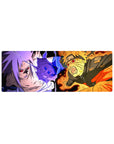 32x12 inches anime mouse pad with Naruto vs Sasuke showdown, comic panel linework and bold shading.