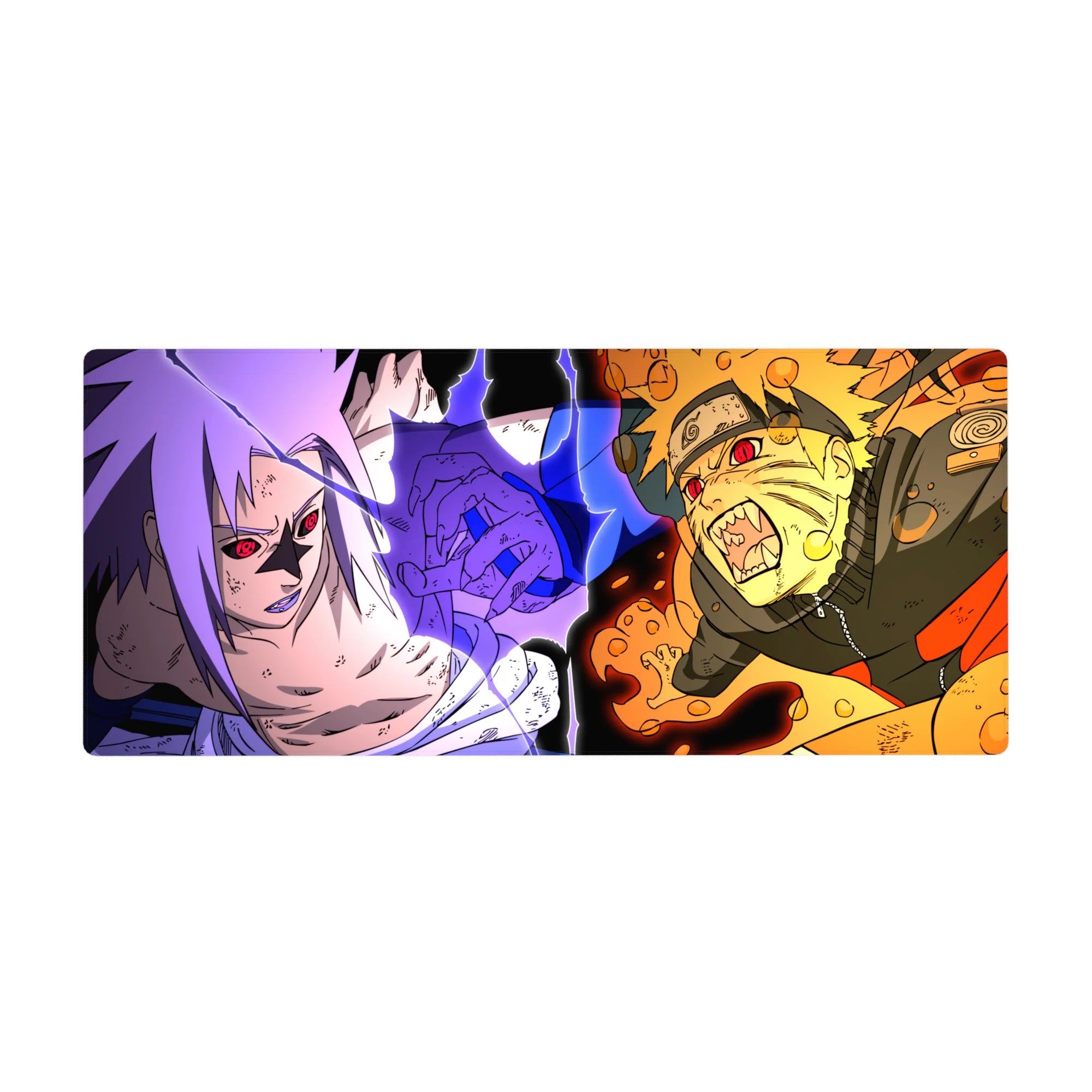 36x16 inches anime desk pad with Naruto vs Sasuke clash, comic panel linework and action lightning.
