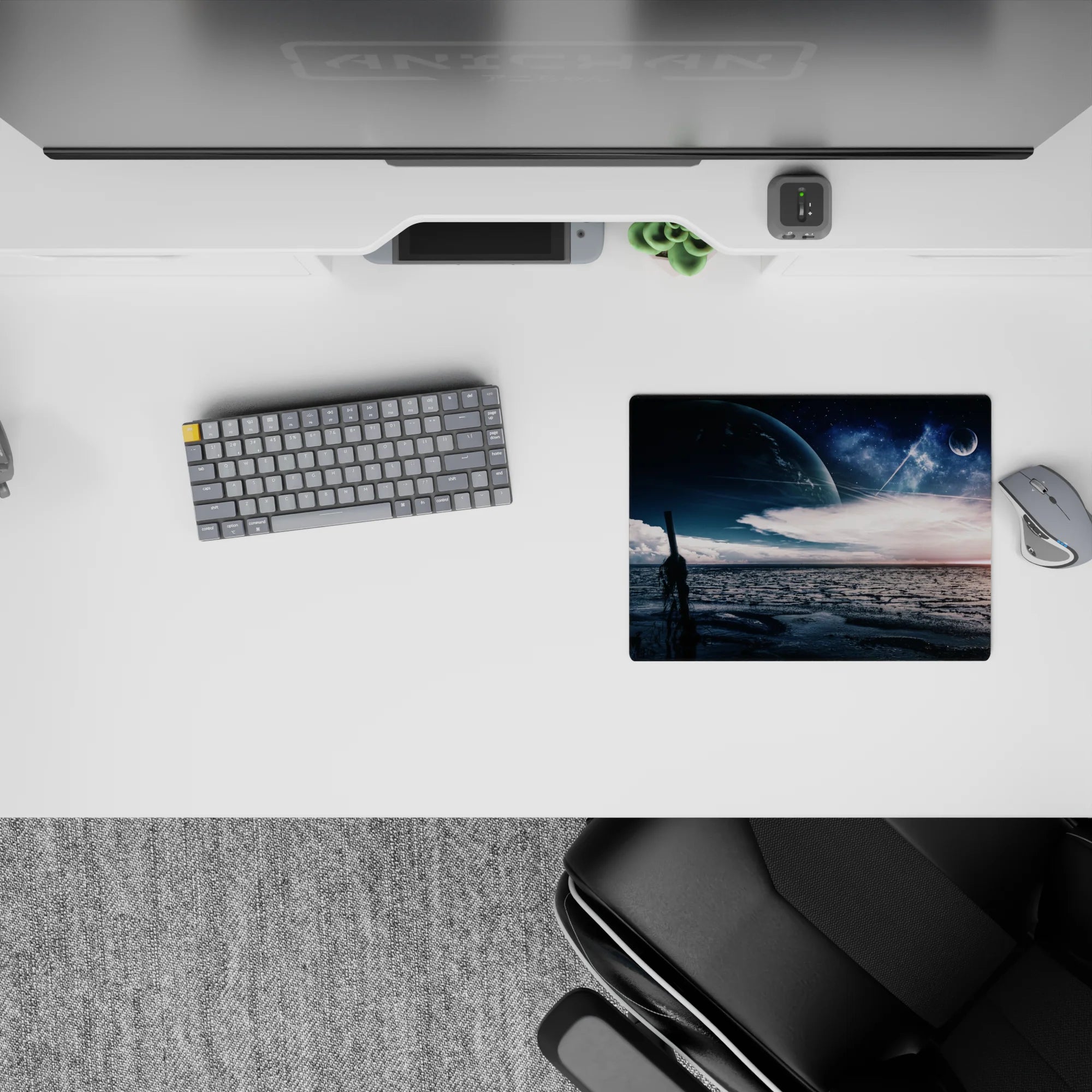 Cool navy and deep blue mouse pad, 14x10 inches, with silvery stars and a soft glowing horizon mood.