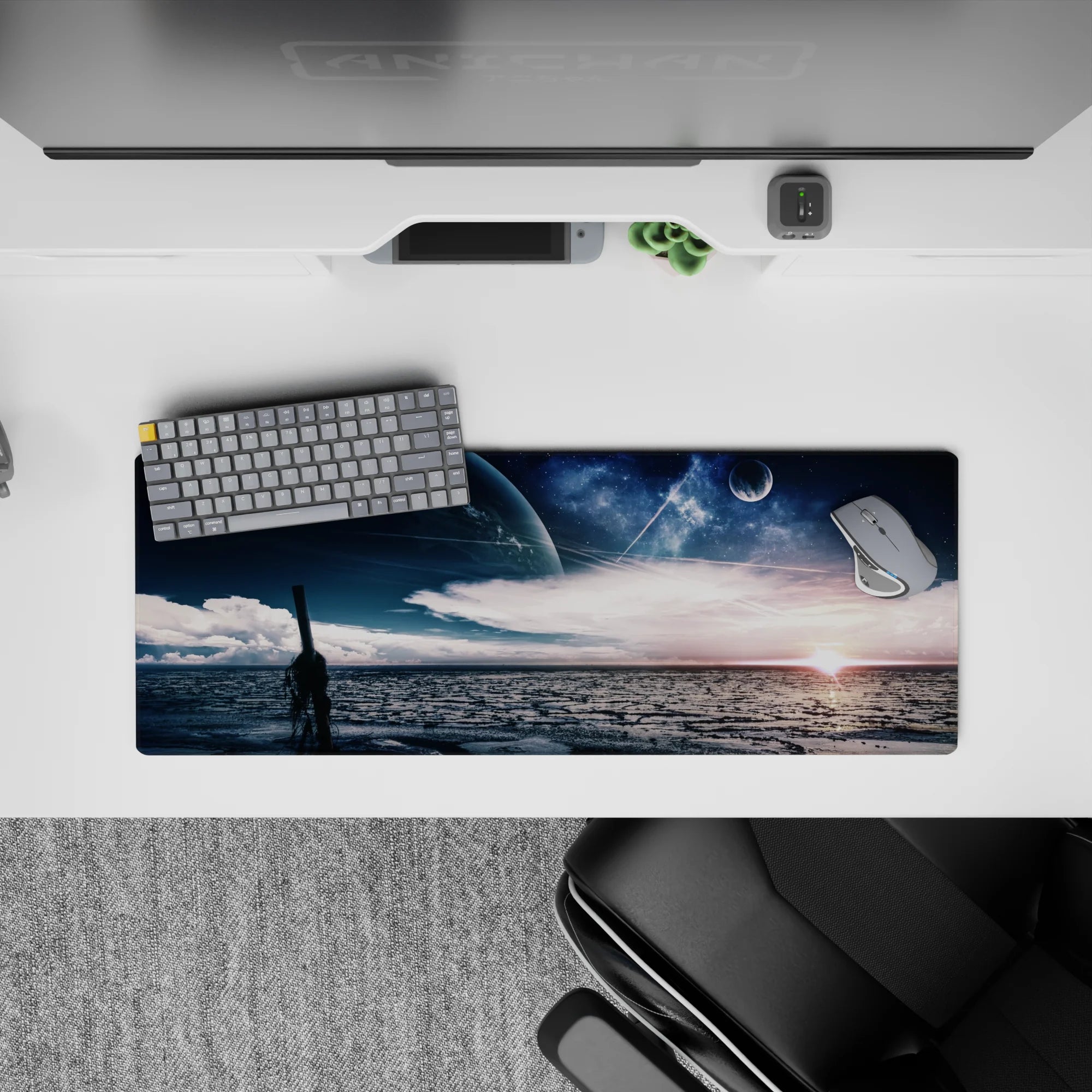 Moody navy and deep blue mouse pad 32x12 inches with silvery stars and a warm horizon glow.