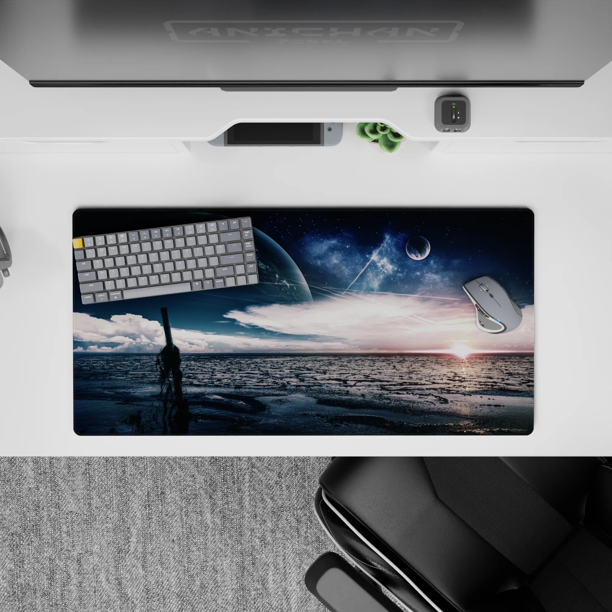 Cool navy and deep blue 32x16 inches mouse pad with silvery stars and a warm sunrise glow.