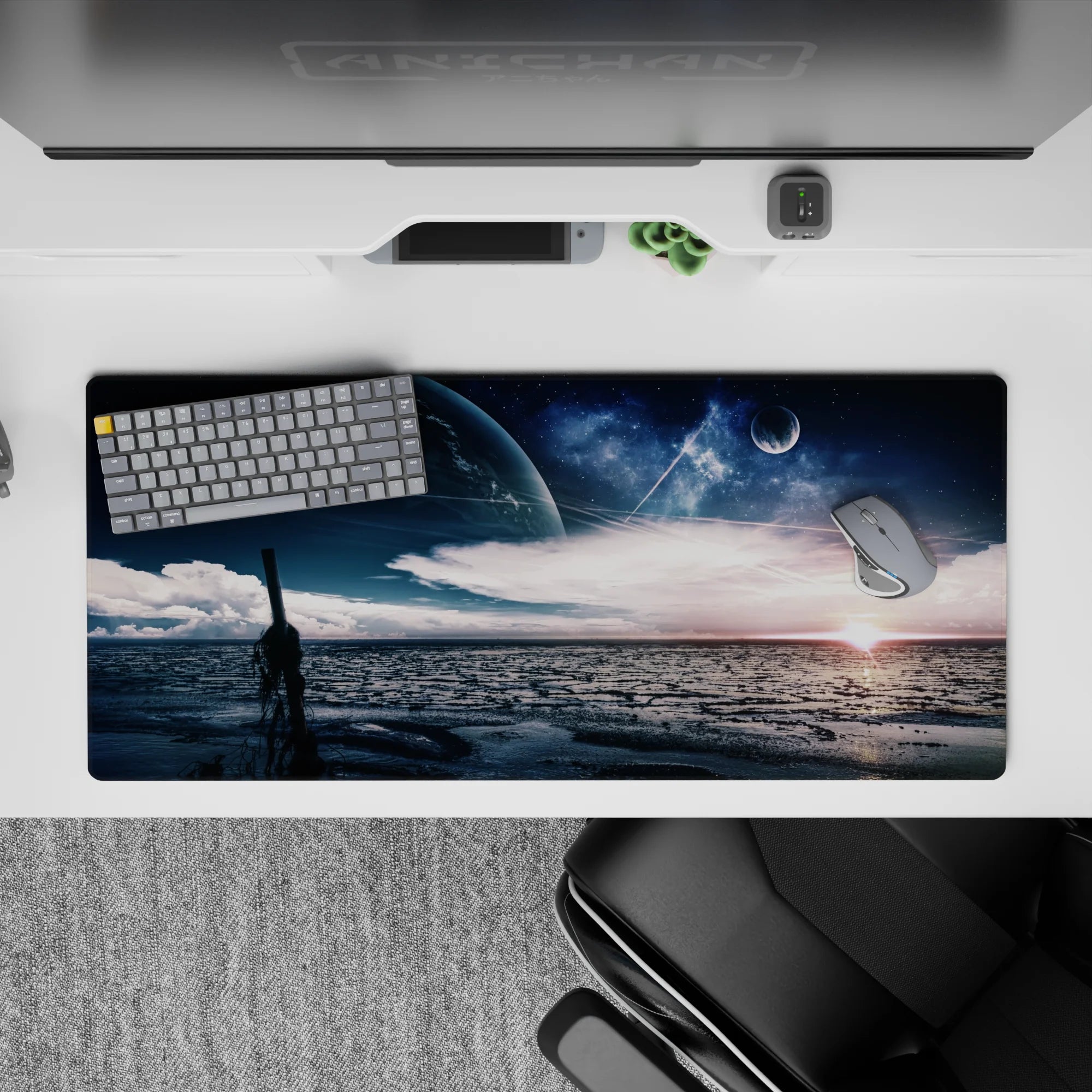 Moody navy and deep blue desk pad 36x16 inches with silvery stars and a warm sunrise glow.