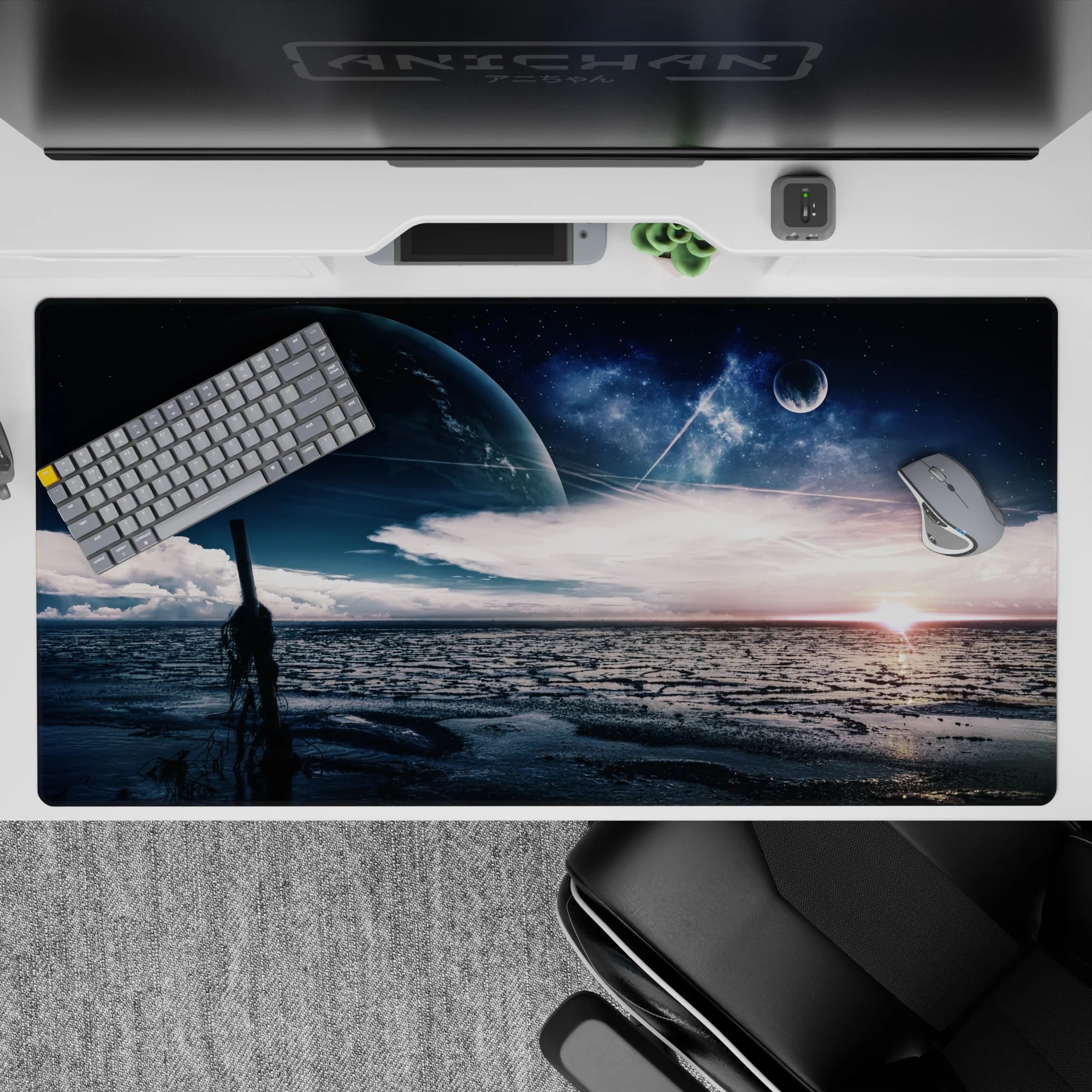 Cool navy and deep blue desk pad with silvery stars and warm sunrise flare, 40x20 inches.