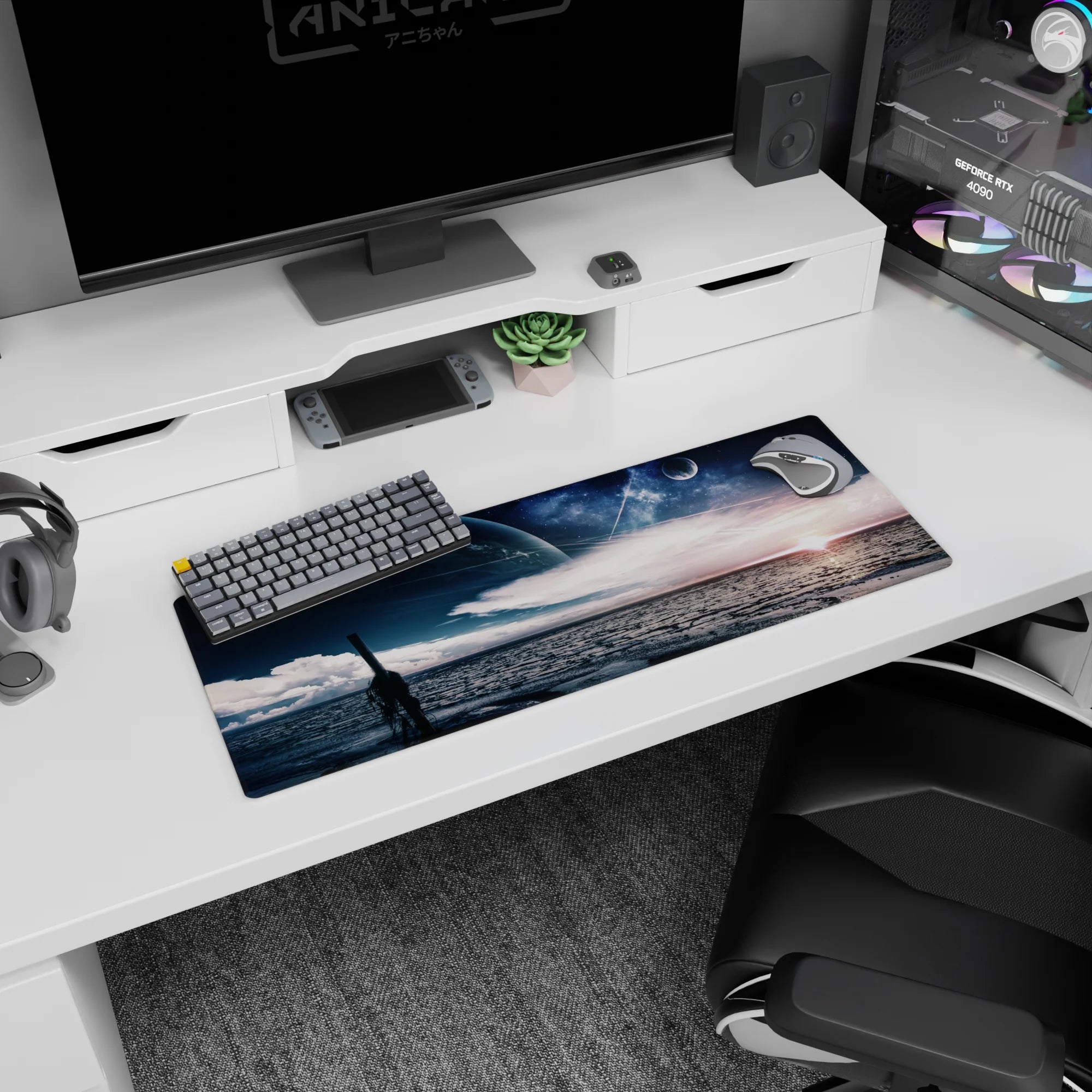 Giant planet over an ocean horizon mouse pad 32x12 inches with cloud streaks and shimmering water.