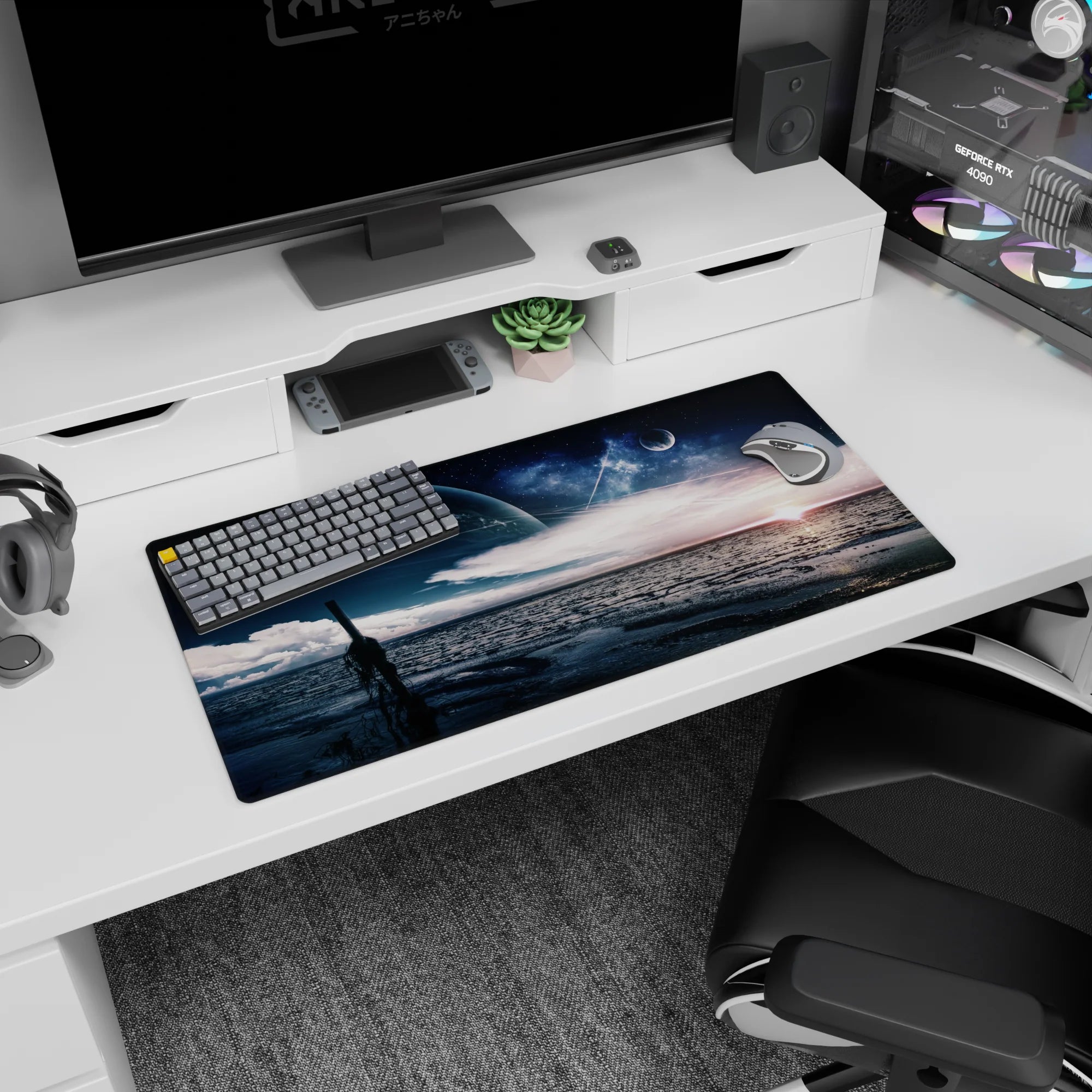 Giant planet over an ocean horizon on a 32x16 inches mouse pad, with clouds and shimmering water.