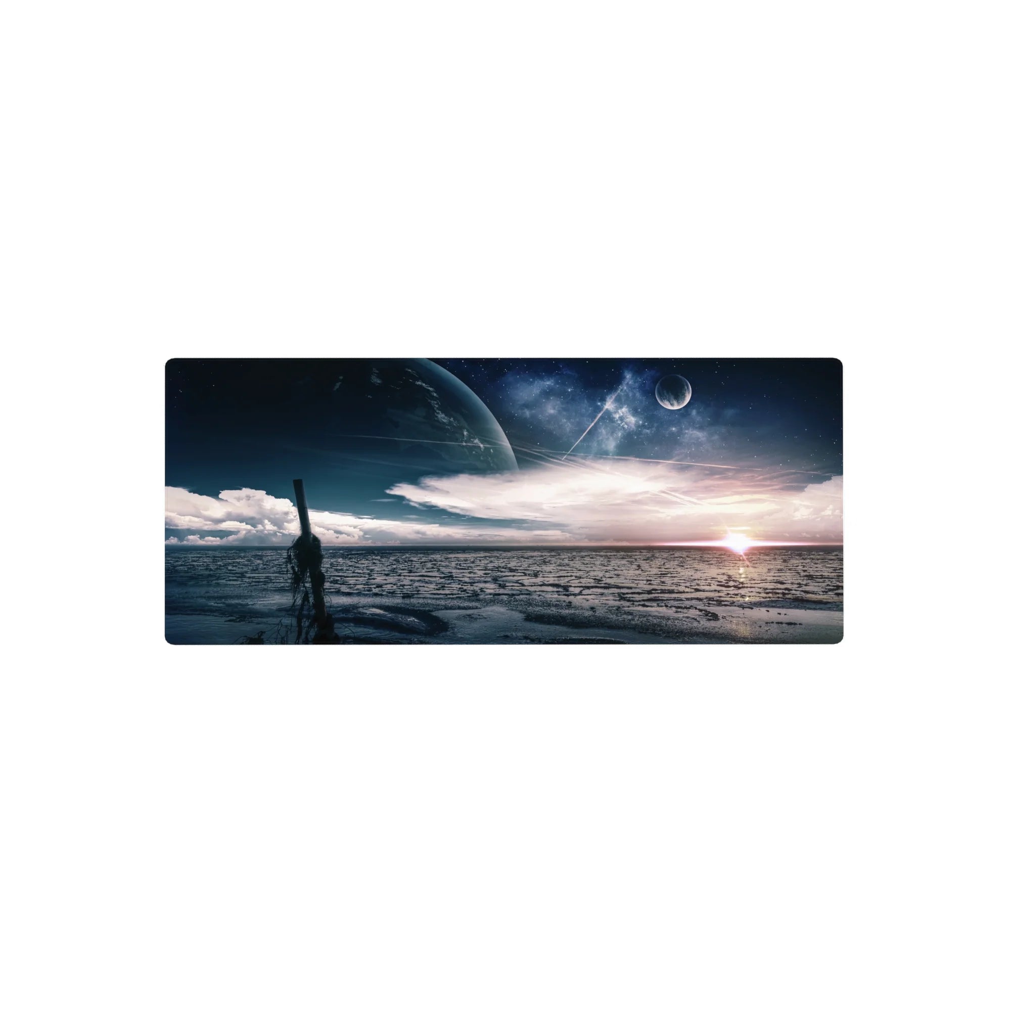 Midnight shoreline planet sky desk mouse pad, 28x12 inches, with rippled water and cloud streaks.