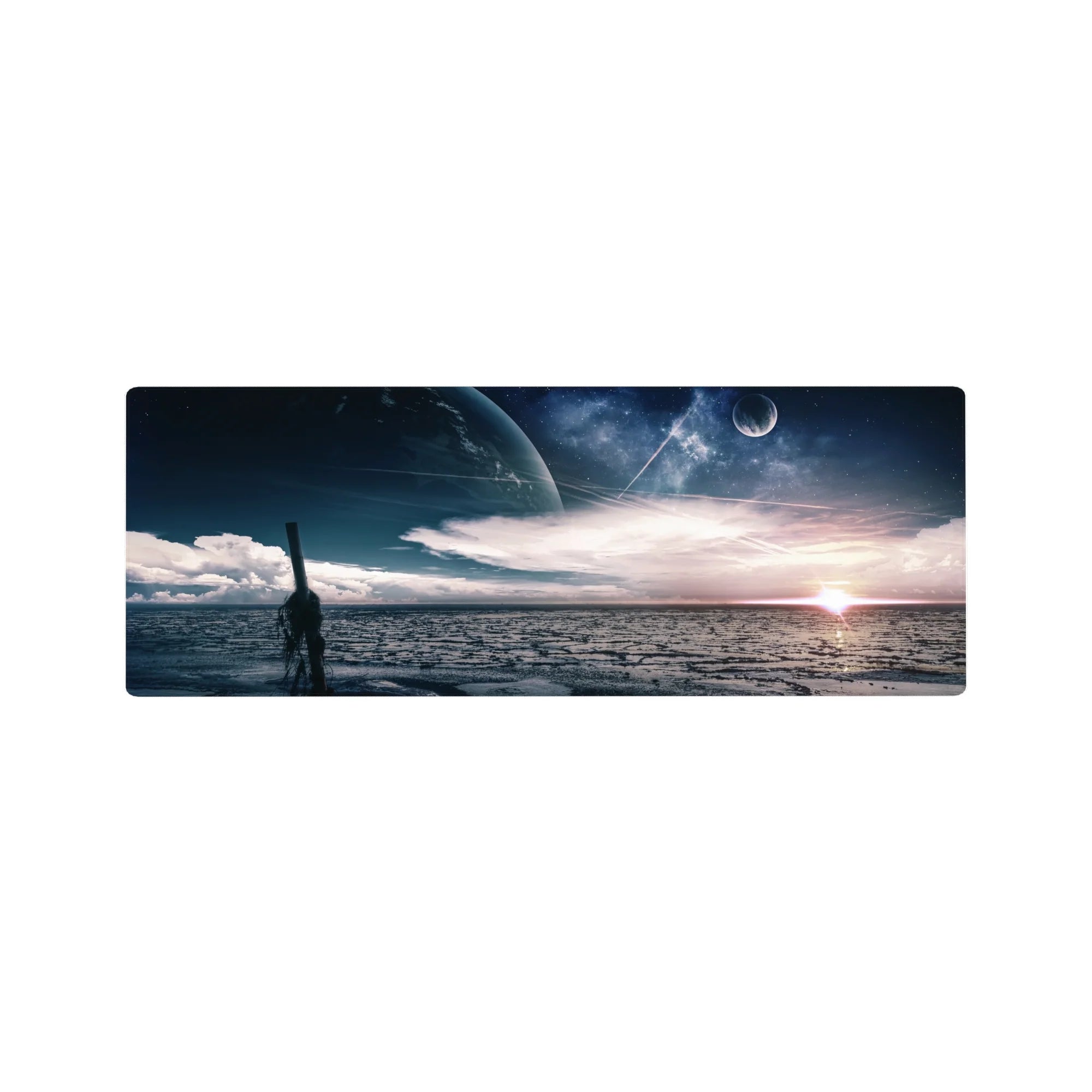 Midnight shoreline desk mouse pad 32x12 inches with rippled water, stars, clouds, and a giant planet.