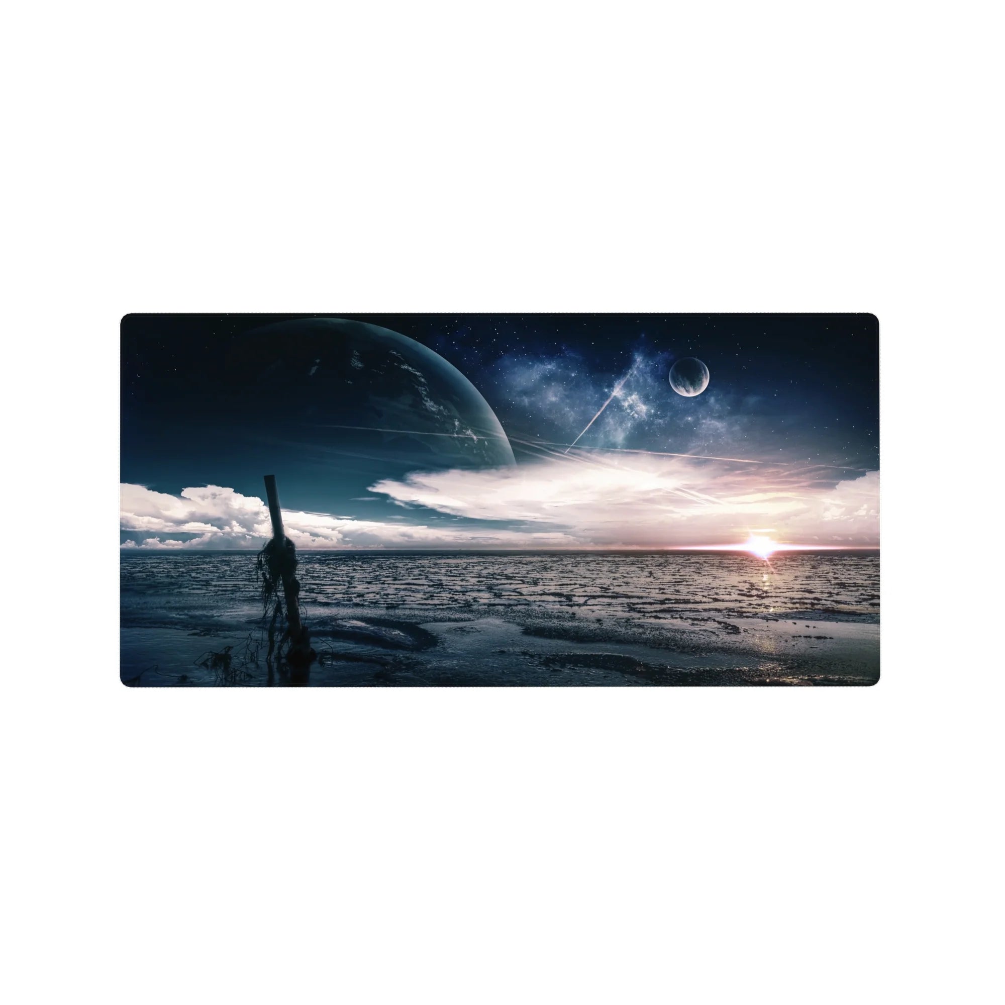 Midnight shoreline planet sky desk mouse pad, 32x16 inches, with stars, clouds, and rippled water.