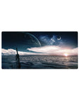 Midnight shoreline planet sky desk mouse pad, 32x16 inches, with stars, clouds, and rippled water.