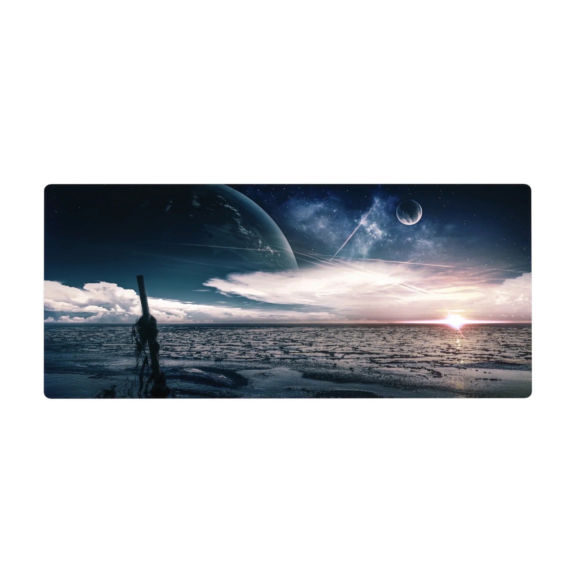 Midnight shoreline desk pad 36x16 inches with ocean ripples, cloud streaks, stars, and a giant planet.