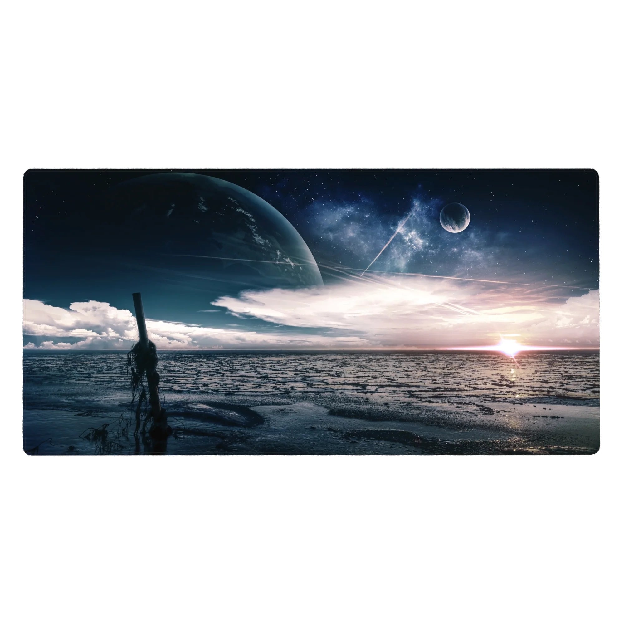 Midnight shoreline planet desk pad, rippled water and glowing horizon, 40x20 inches.