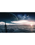 Midnight shoreline planet desk pad, rippled water and glowing horizon, 40x20 inches.