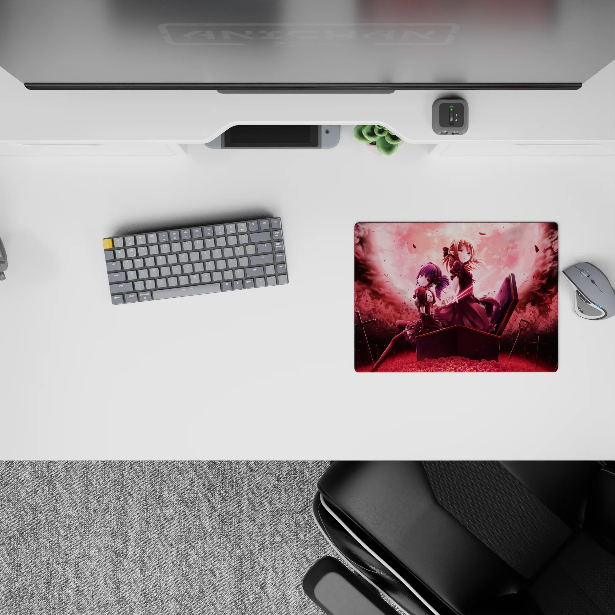 Moody red-and-black anime mouse pad 14x10 inches with dreamy sunset fog glow and drifting petals.