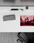Moody red-and-black anime mouse pad 14x10 inches with dreamy sunset fog glow and drifting petals.