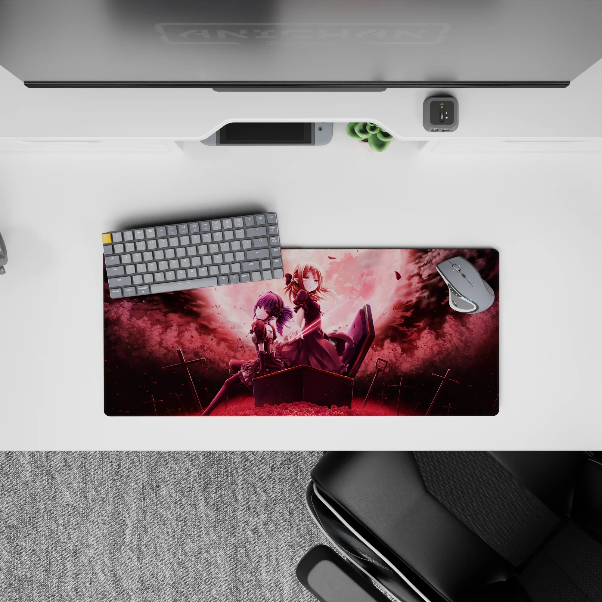 28x12 inches anime mouse pad in deep wine reds and smoky blacks, dreamy haunted vibe with soft pink glow.