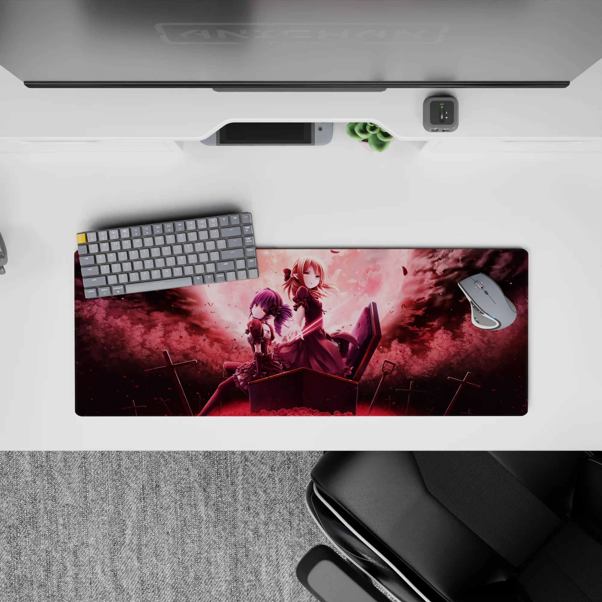32x12 inches anime desk mat in deep wine red and smoky black, dreamy haunted sunset glow.