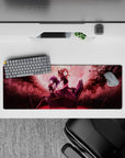 32x12 inches anime desk mat in deep wine red and smoky black, dreamy haunted sunset glow.
