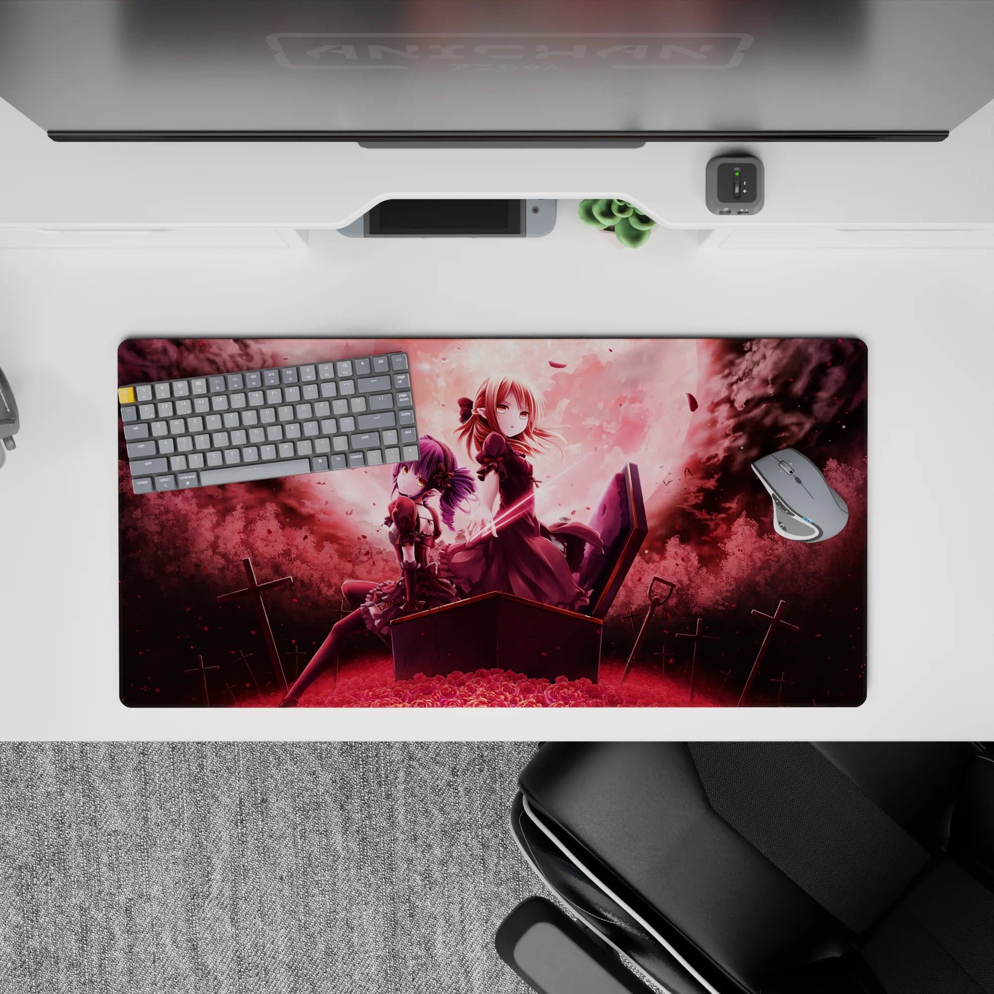 Moody wine-red and smoky black anime desk mat 32x16 inches with soft pink sunset-fog glow.