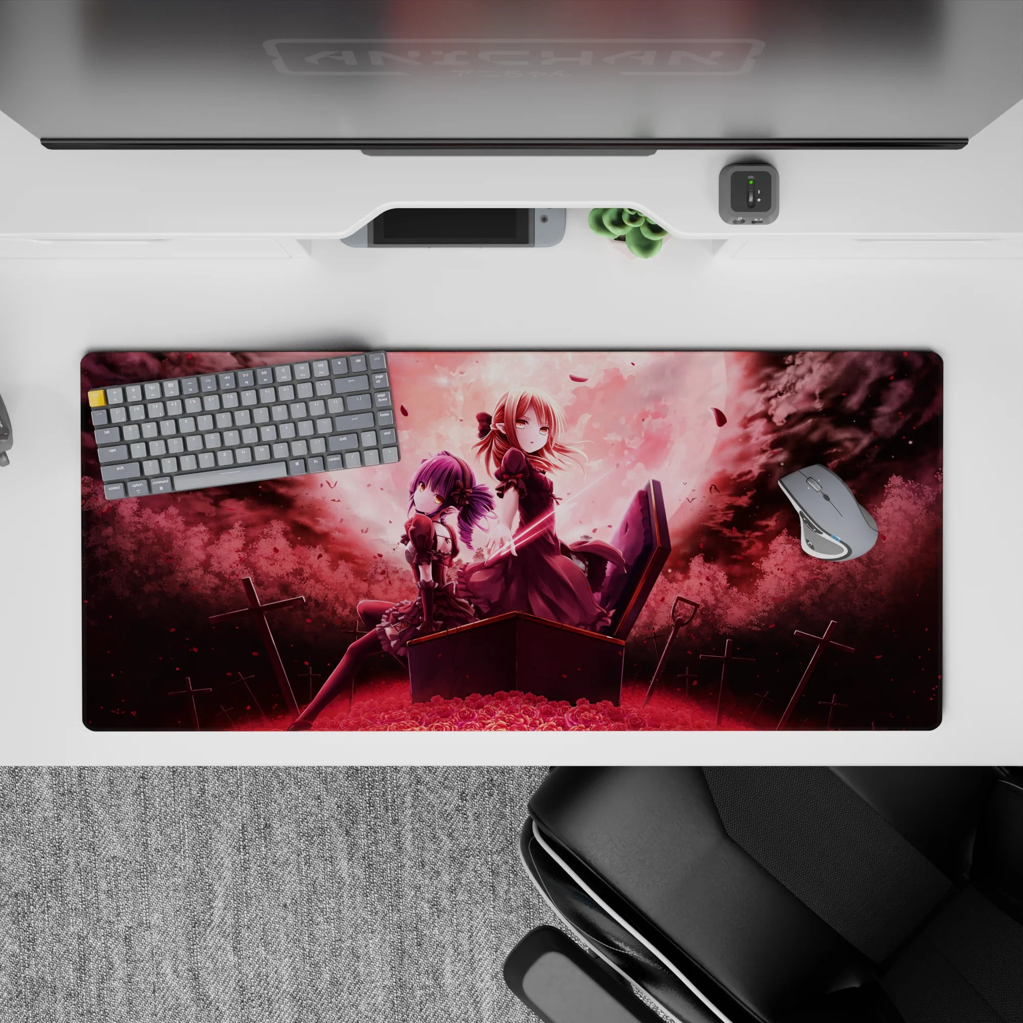 Moody 36x16 inches anime desk pad in deep wine red and smoky black with soft pink sunset fog glow.
