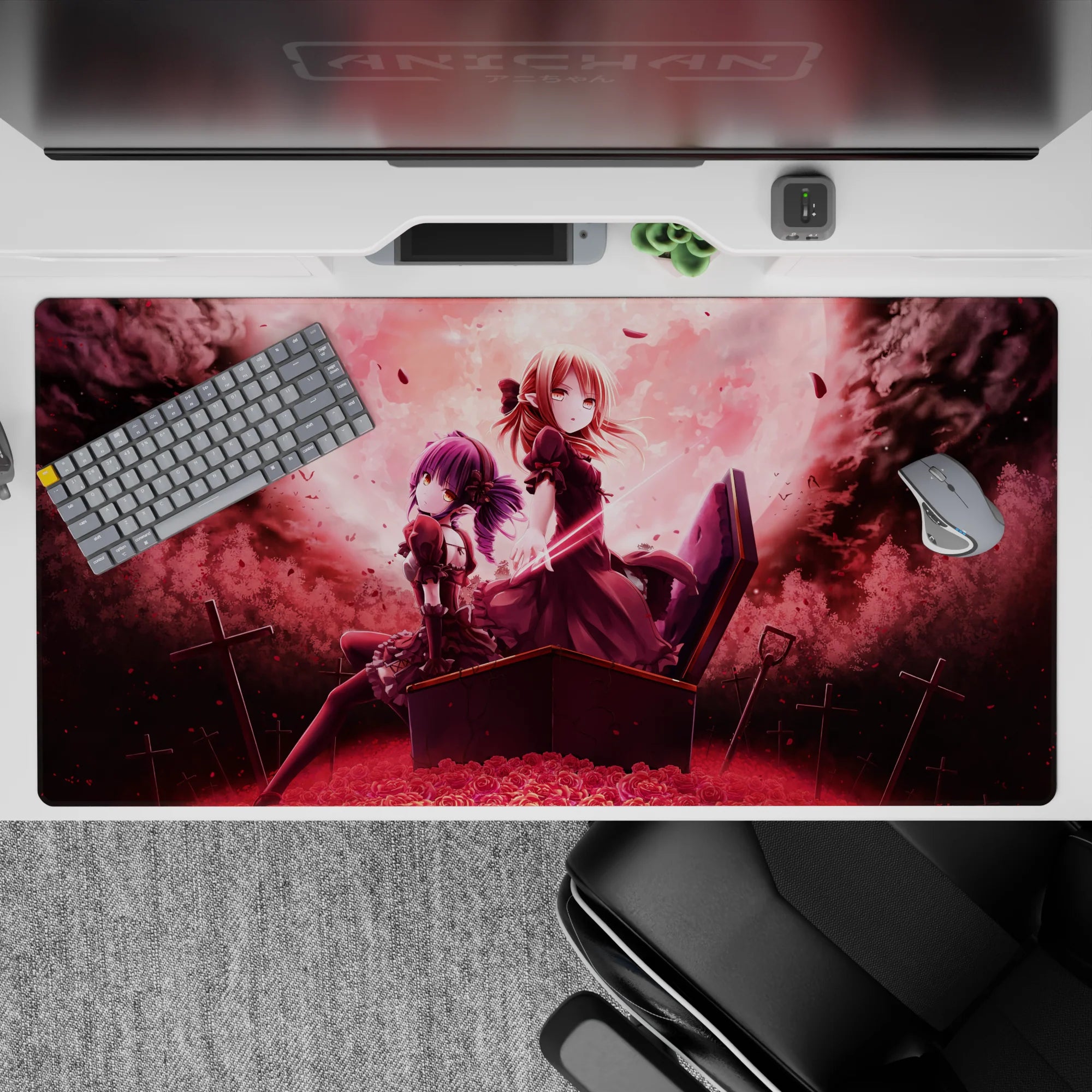 Moody anime girl desk pad 40x20 inches in deep wine red, smoky black, soft pink sunset-fog glow.