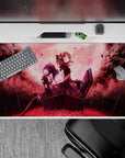 Moody anime girl desk pad 40x20 inches in deep wine red, smoky black, soft pink sunset-fog glow.