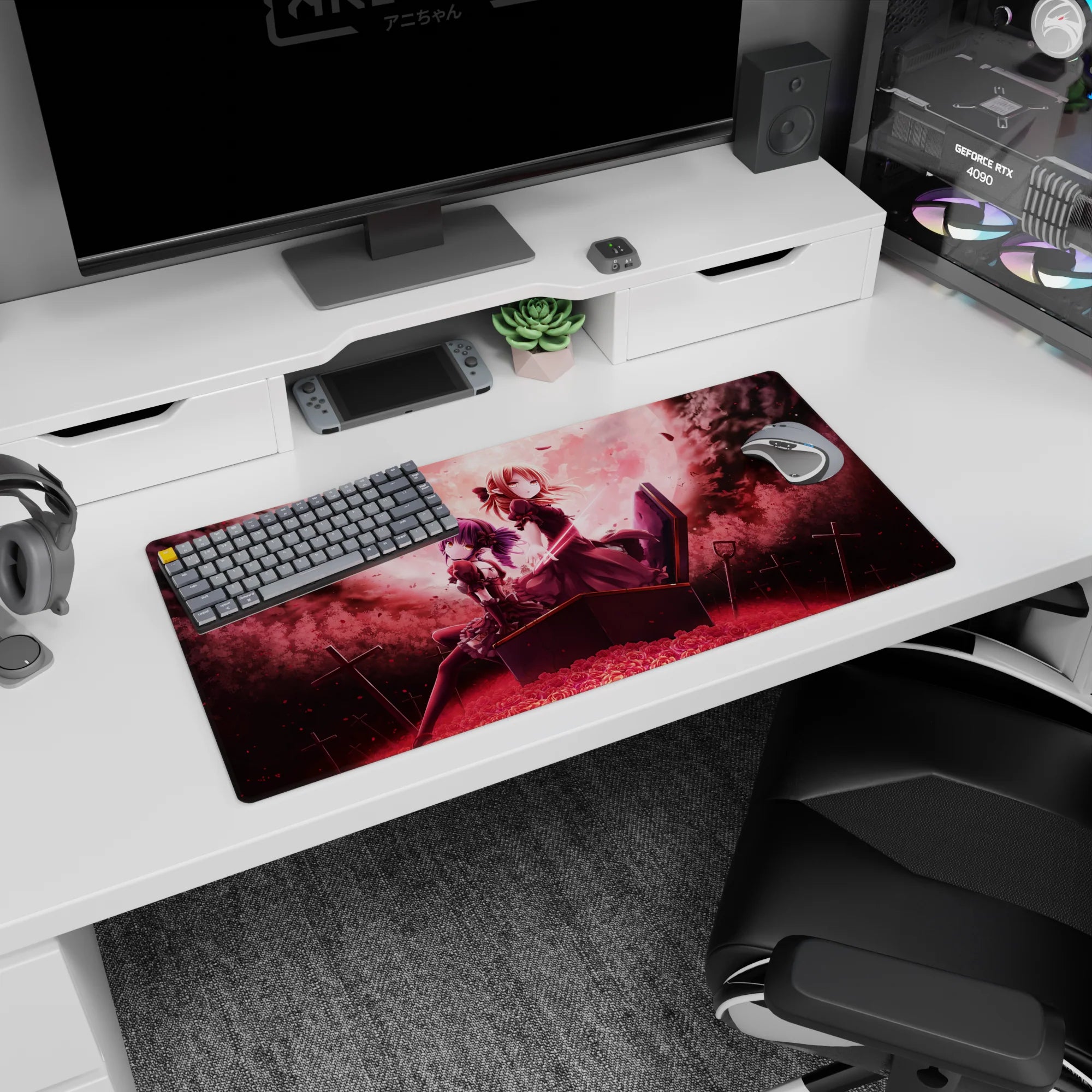 Two gothic anime heroines on a coffin with lace dresses and quiet stares on a 32x16 inches mouse pad.