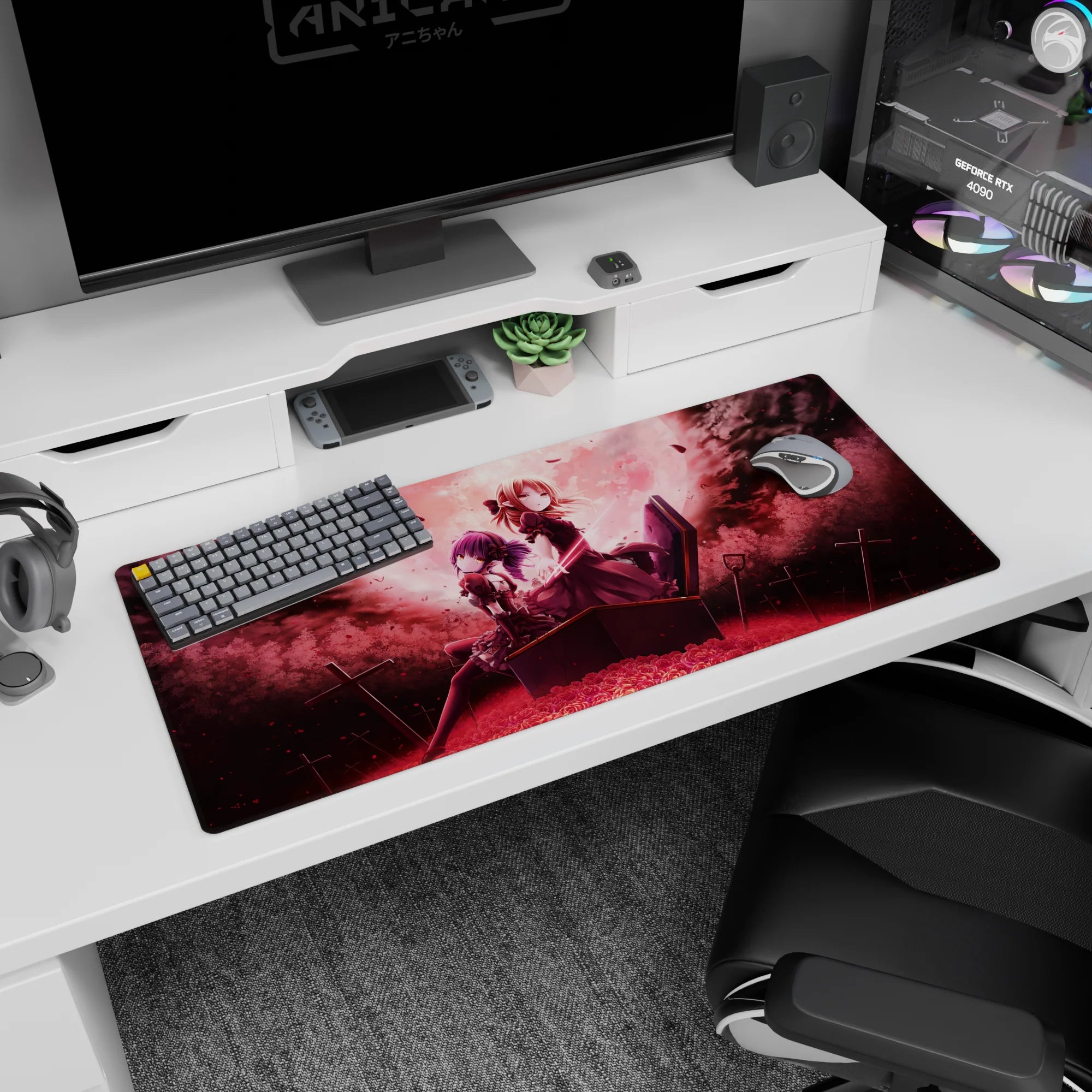 36x16 inches anime girl desk pad showing two gothic girls in lace dresses on a coffin amid roses.