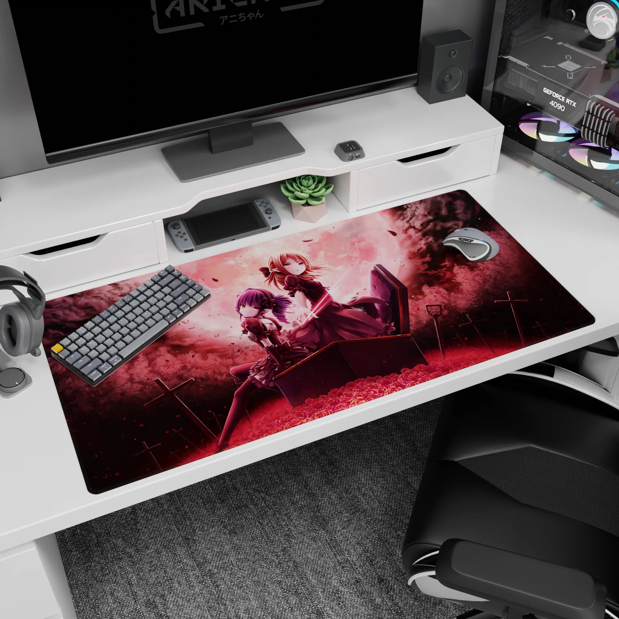 Gothic anime duo on a coffin with rose petals on a 40x20 inches desk pad, haunted cute vibe.