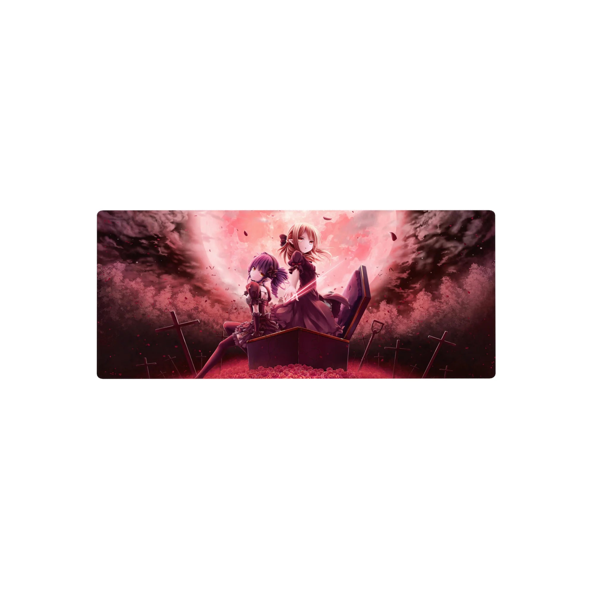 28x12 inches anime girl mouse pad with gothic heroines, coffin scene, crimson roses, and drifting petals.