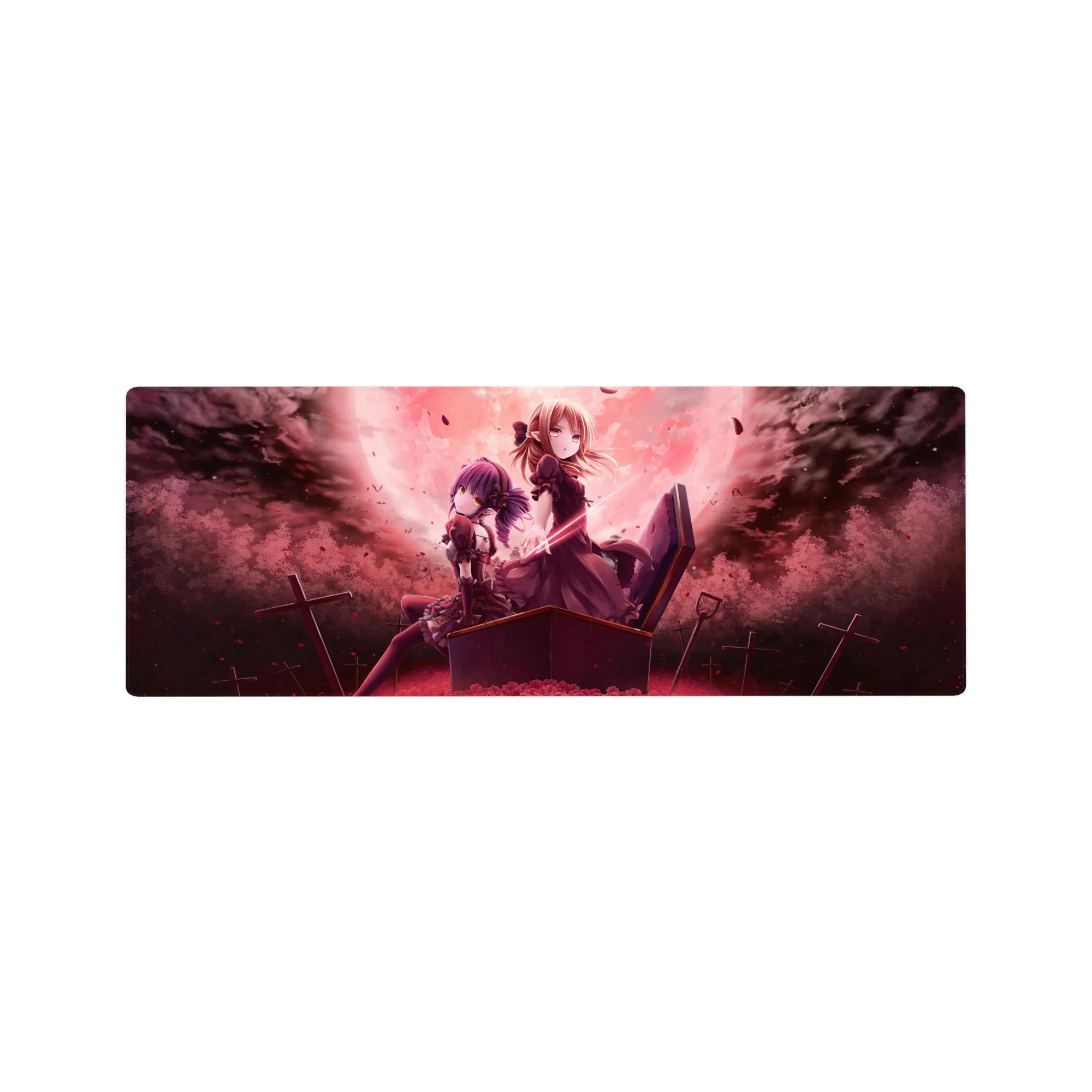 32x12 inches anime girl mouse pad with gothic heroines on a coffin, roses and falling petals.