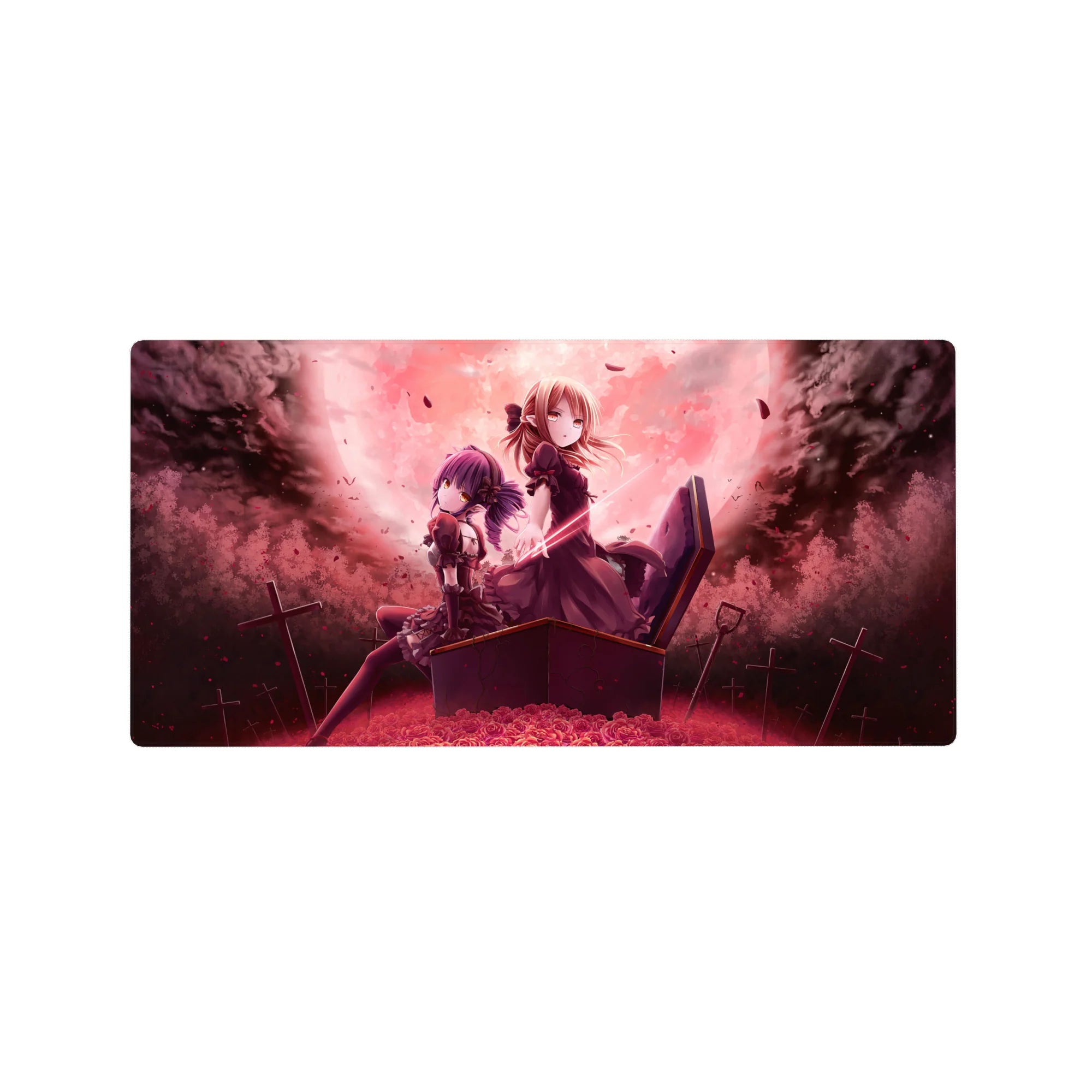 Gothic anime girl mouse pad 32x16 inches with coffin pose, crimson roses, and drifting petals.