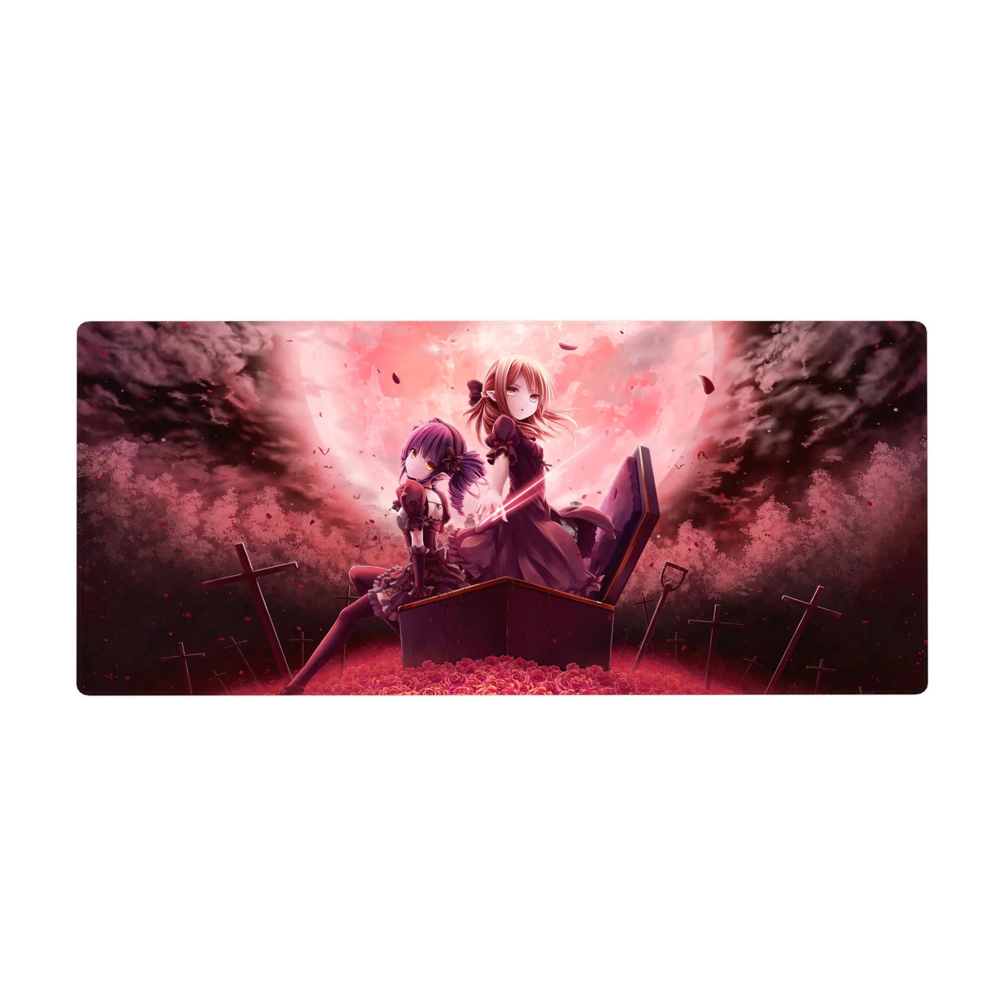 Anime girl desk pad 36x16 inches with gothic heroines, coffin pose, crimson roses, drifting petals.