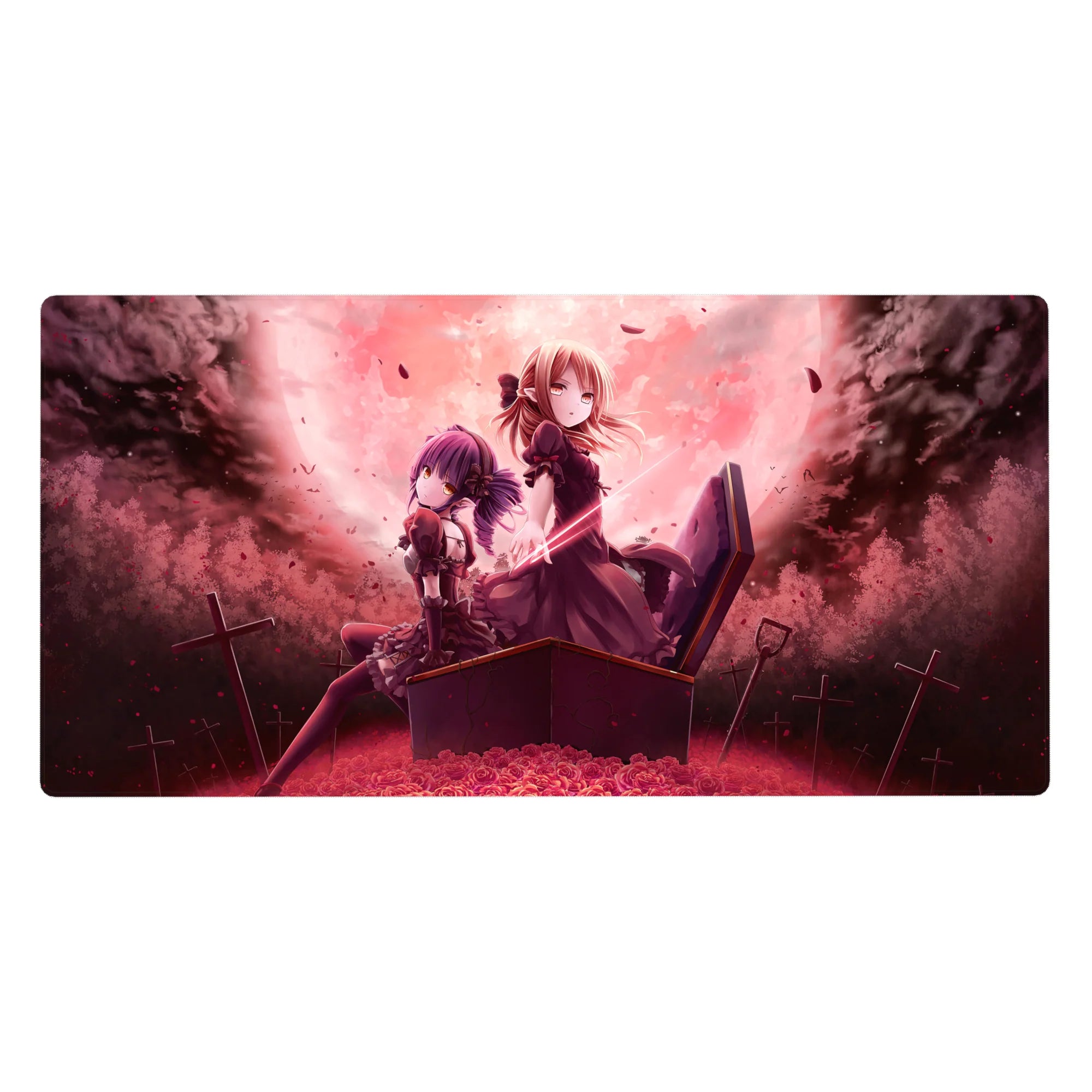 Anime girl desk pad 40x20 inches with gothic heroines, coffin pose, crimson roses, drifting petals.
