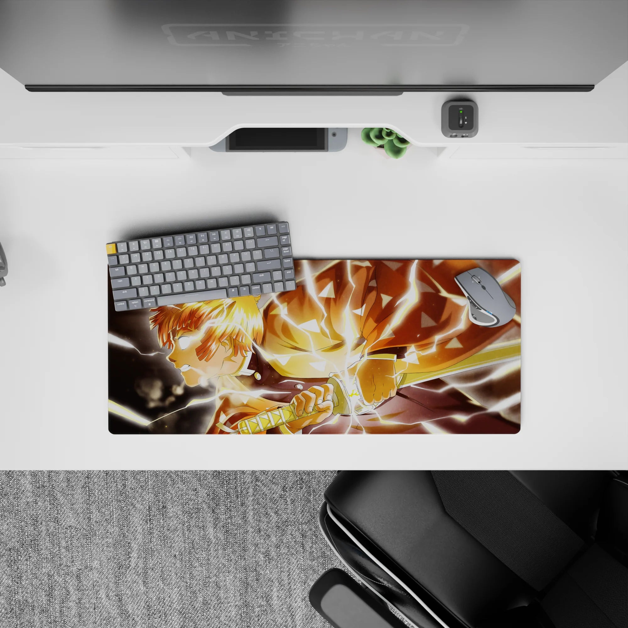 Zenitsu Demon Slayer anime mouse pad 28x12 inches. Features Zenitsu in mid-flash with glowing eyes and lightning effects.