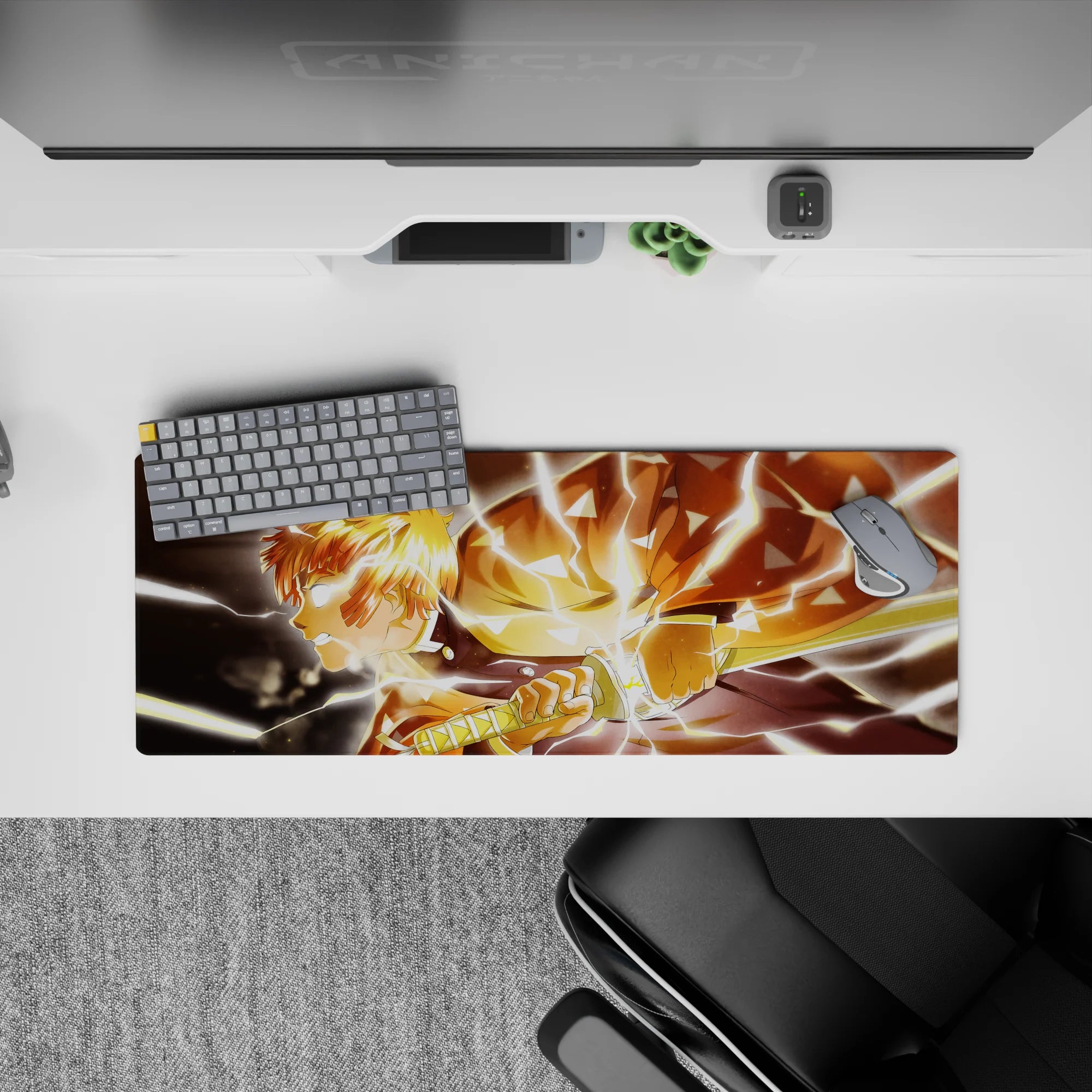Zenitsu from Demon Slayer on a 32x12 inch anime mouse pad, glowing eyes, drawn blade, lightning effects, iconic haori pattern.
