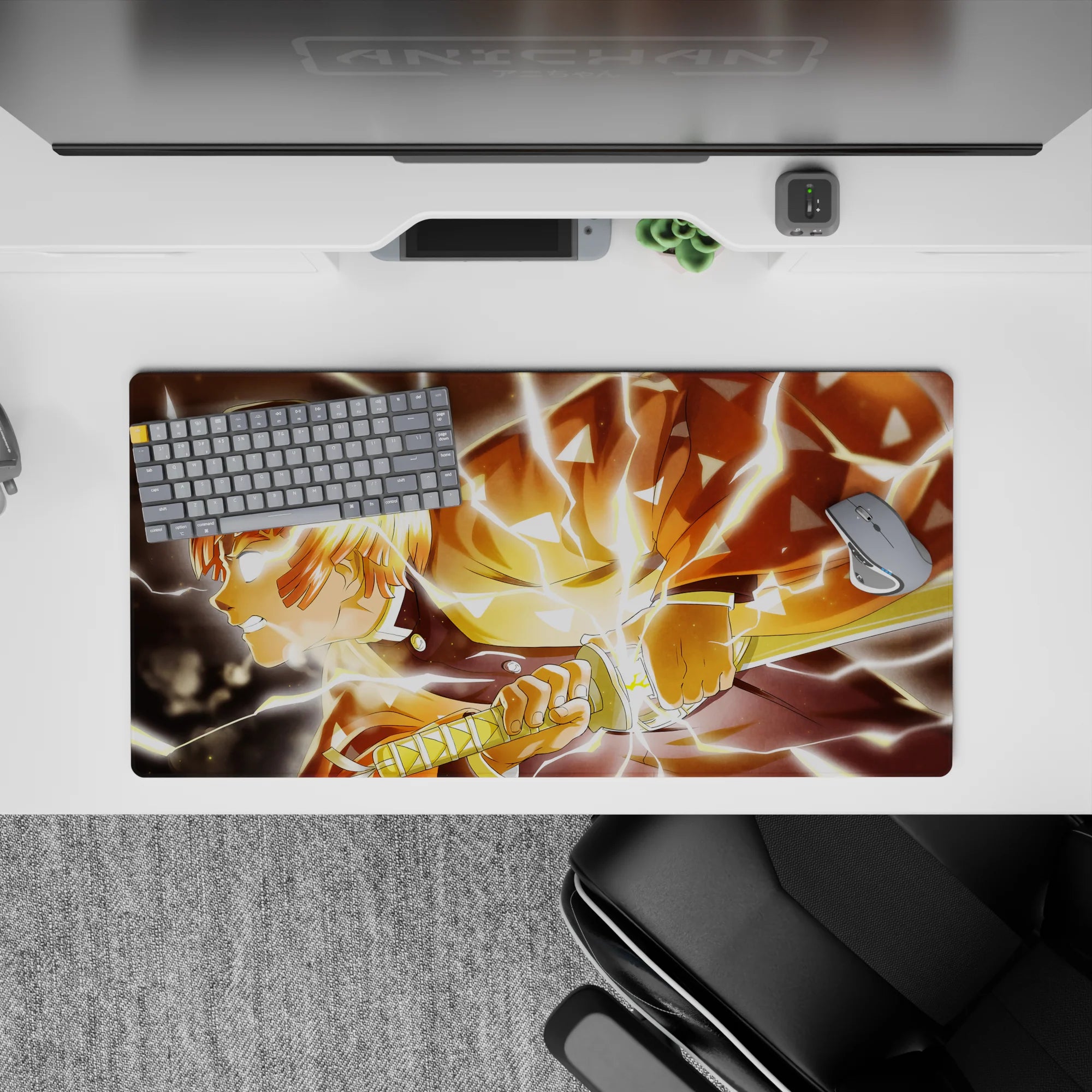 Zenitsu from Demon Slayer anime mouse pad, 32x16 inches, with glowing eyes, drawn blade, and lightning effects.