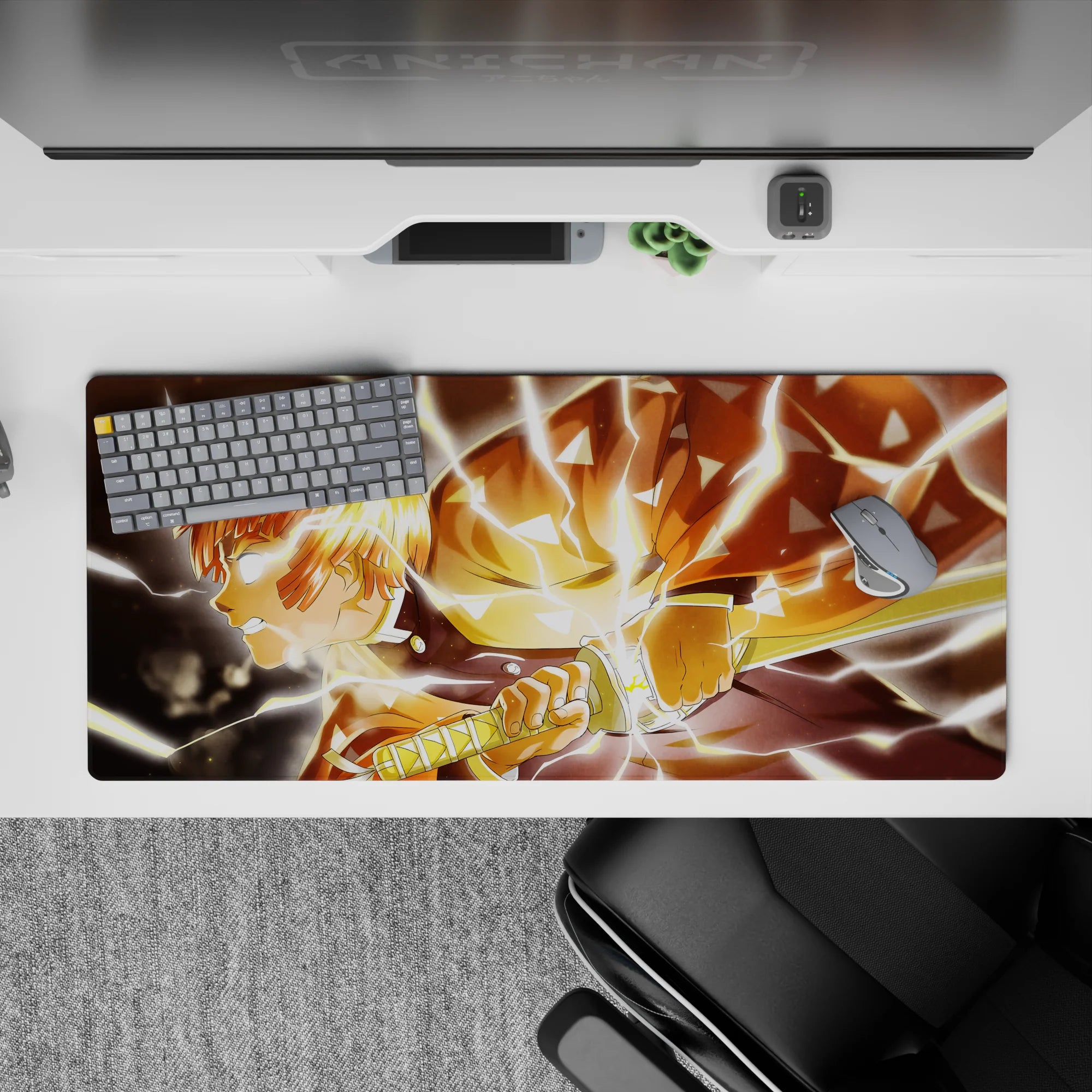 Anime desk pad 36x16 inches featuring Zenitsu from Demon Slayer, showcasing his iconic lightning speed and haori pattern.