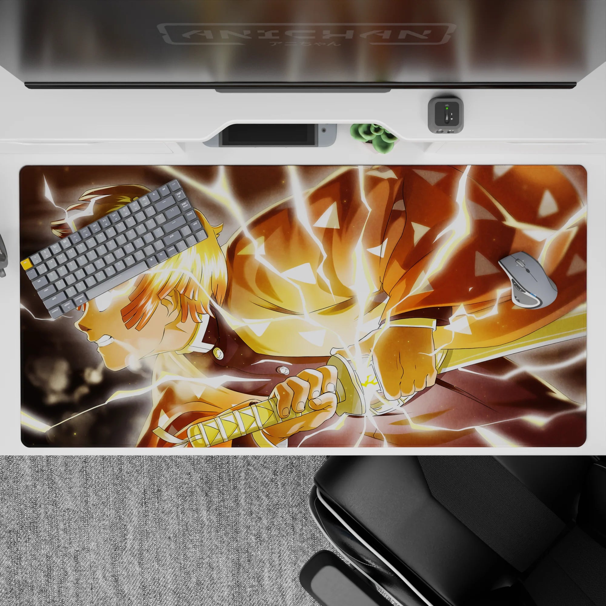 Anime desk pad 40x20 inches featuring Zenitsu from Demon Slayer, mid-flash with glowing eyes and lightning effects.