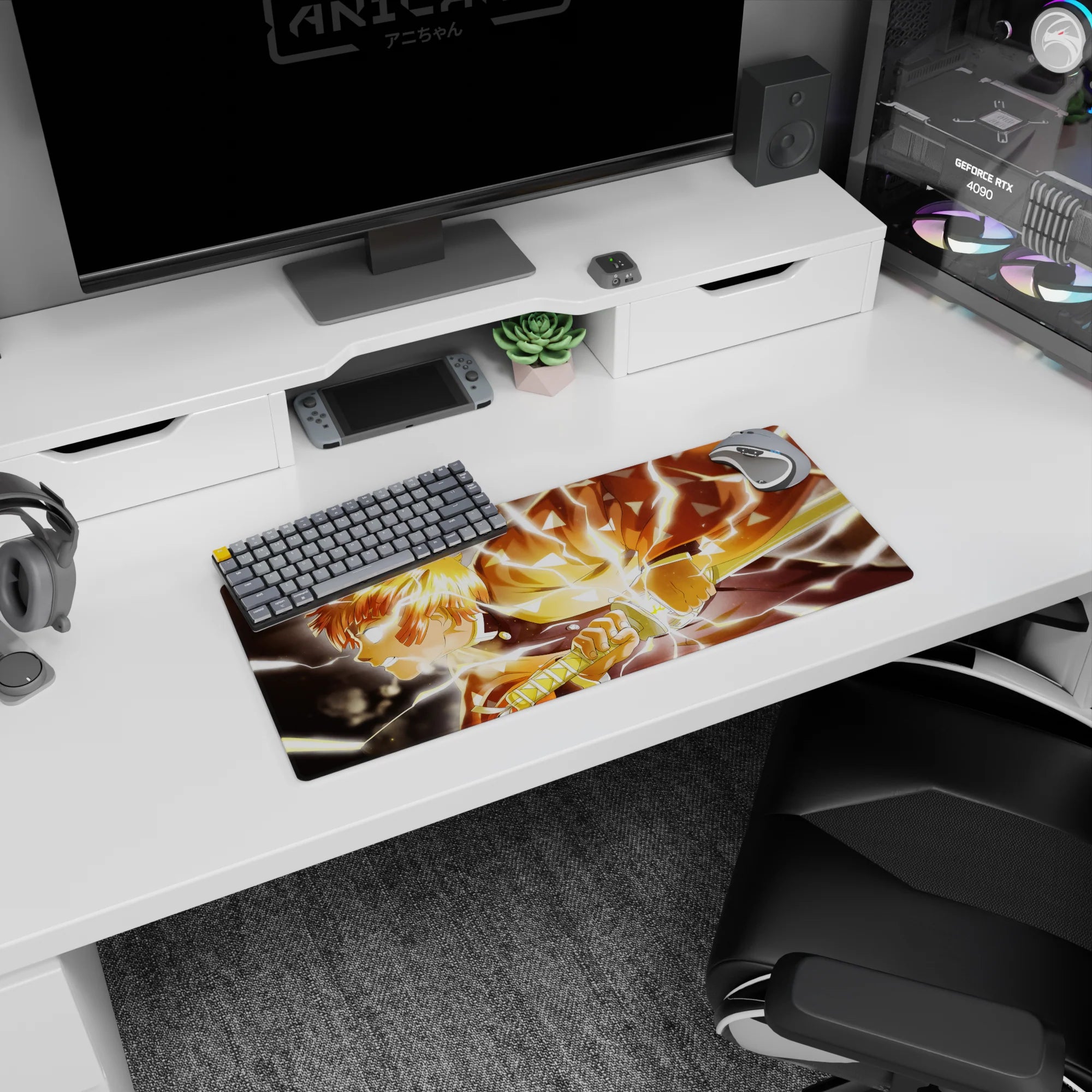 Zenitsu from Demon Slayer anime mouse pad, size 28x12 inches, with vibrant lightning and iconic haori design for gaming.