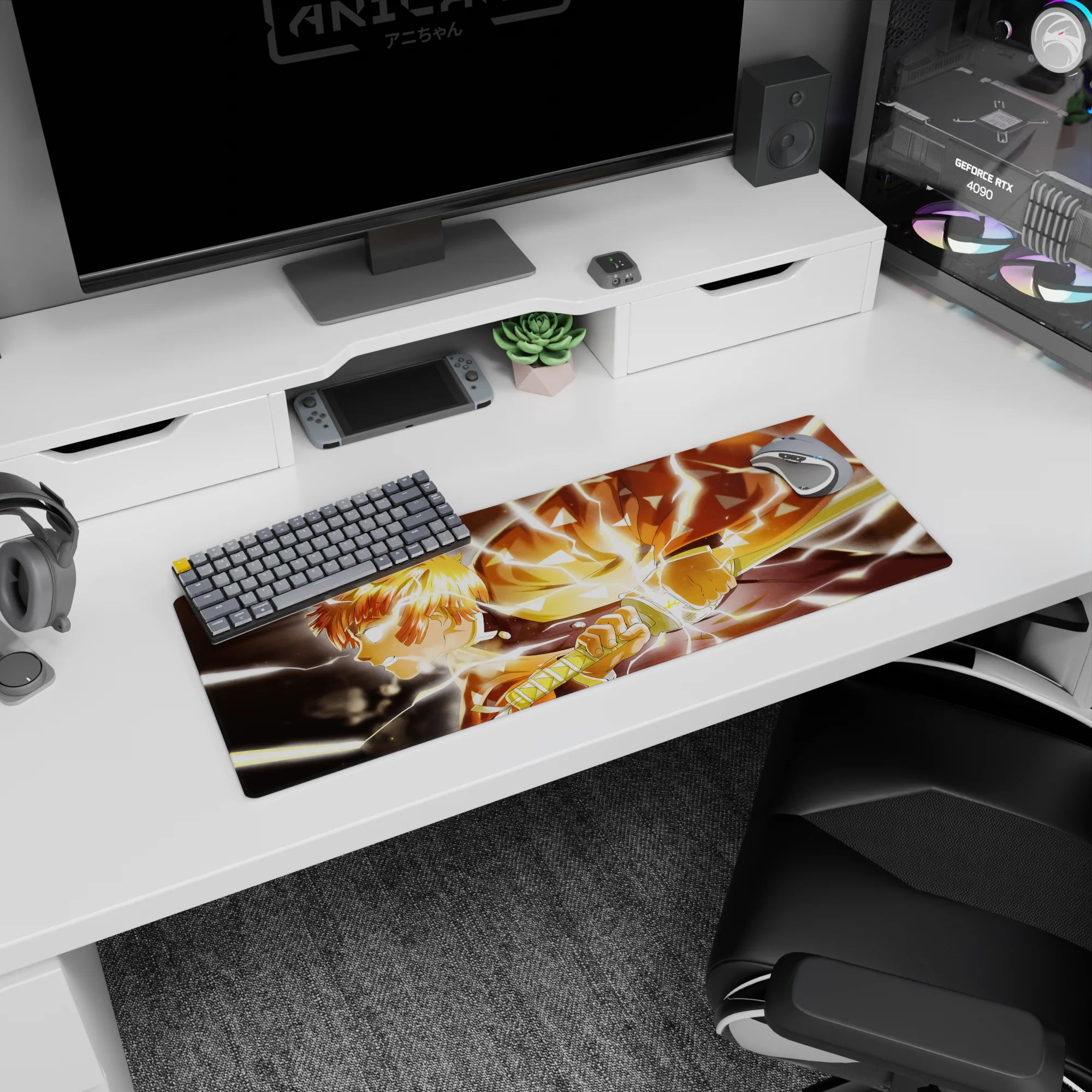 Anime mouse pad 32x12 inches featuring Zenitsu from Demon Slayer, captured mid-flash with glowing eyes and crackling lightning.