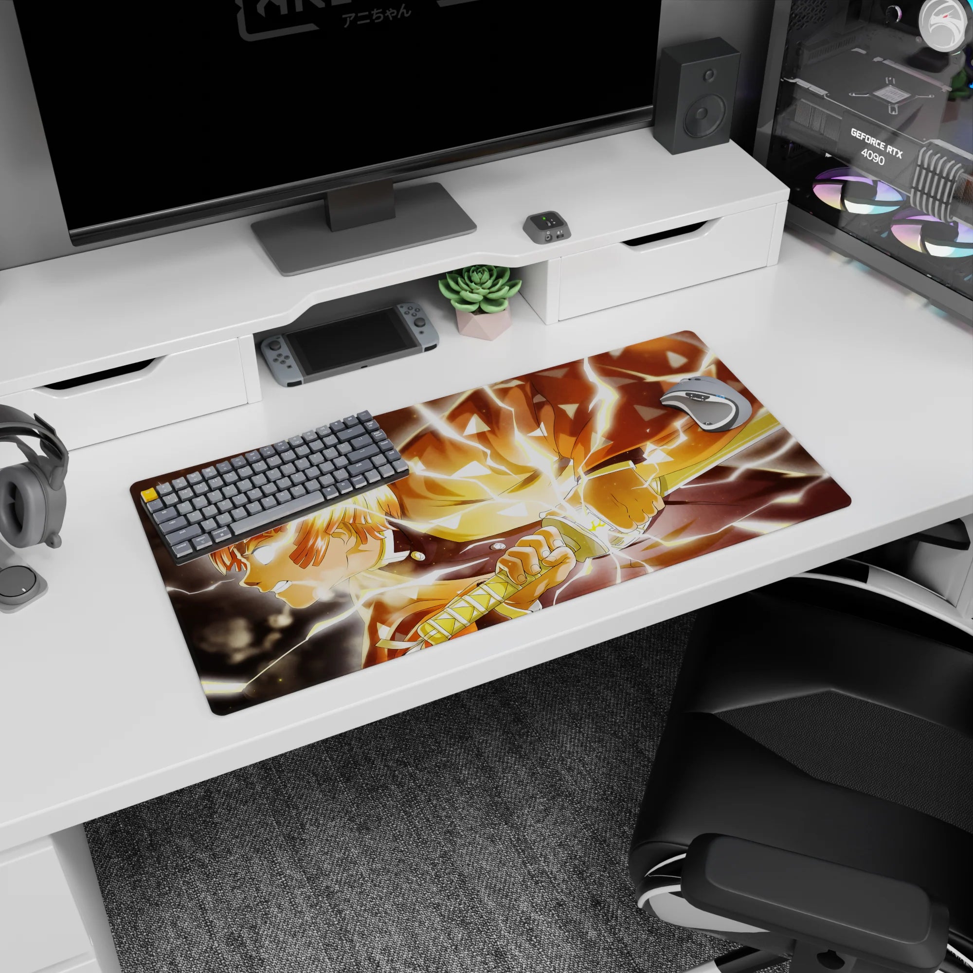 Zenitsu from Demon Slayer anime mouse pad, 32x16 inches, showcasing his lightning-fast attack with glowing eyes and iconic haori.