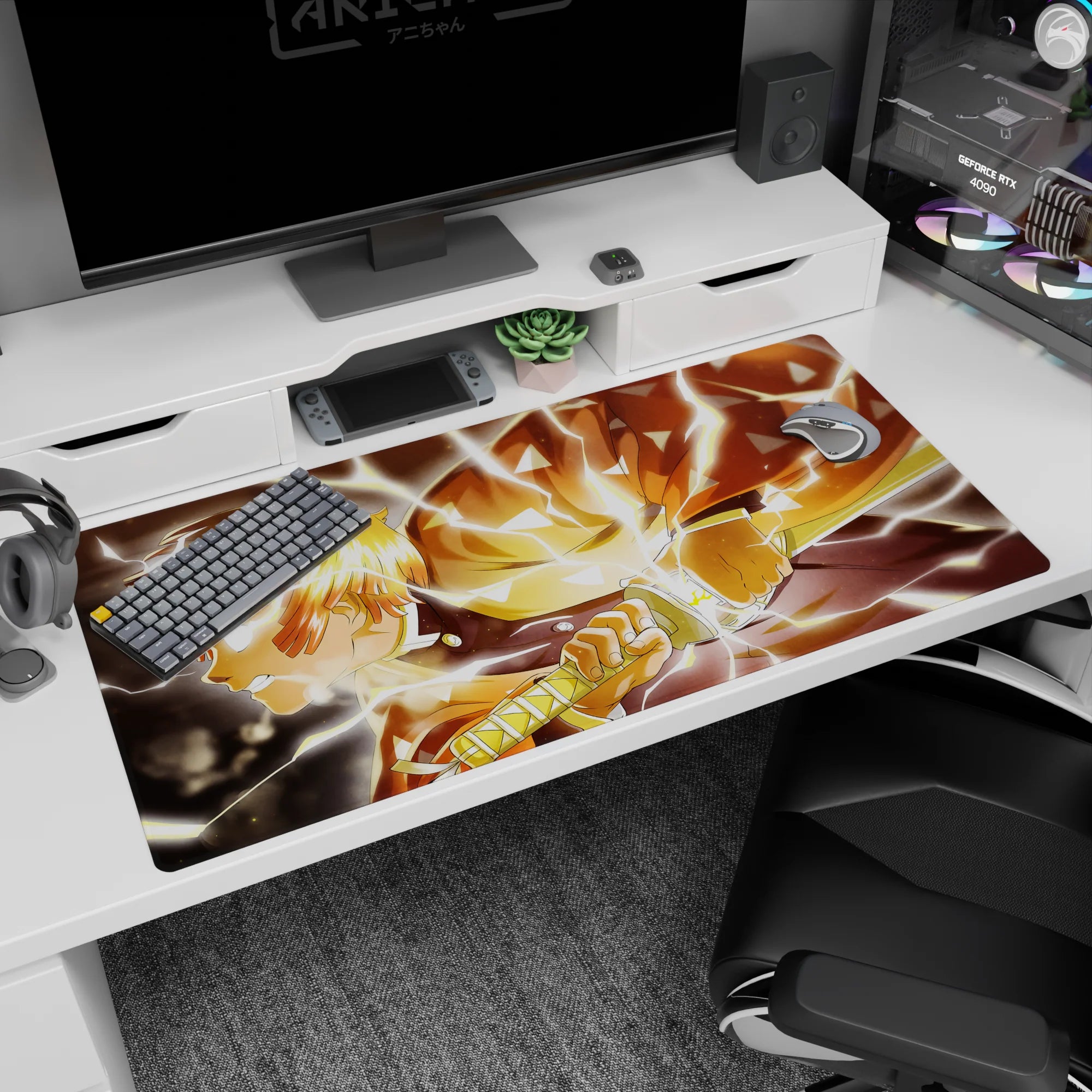 Zenitsu from Demon Slayer anime desk pad 40x20 inches, with lightning effects and iconic haori pattern, perfect for gaming.