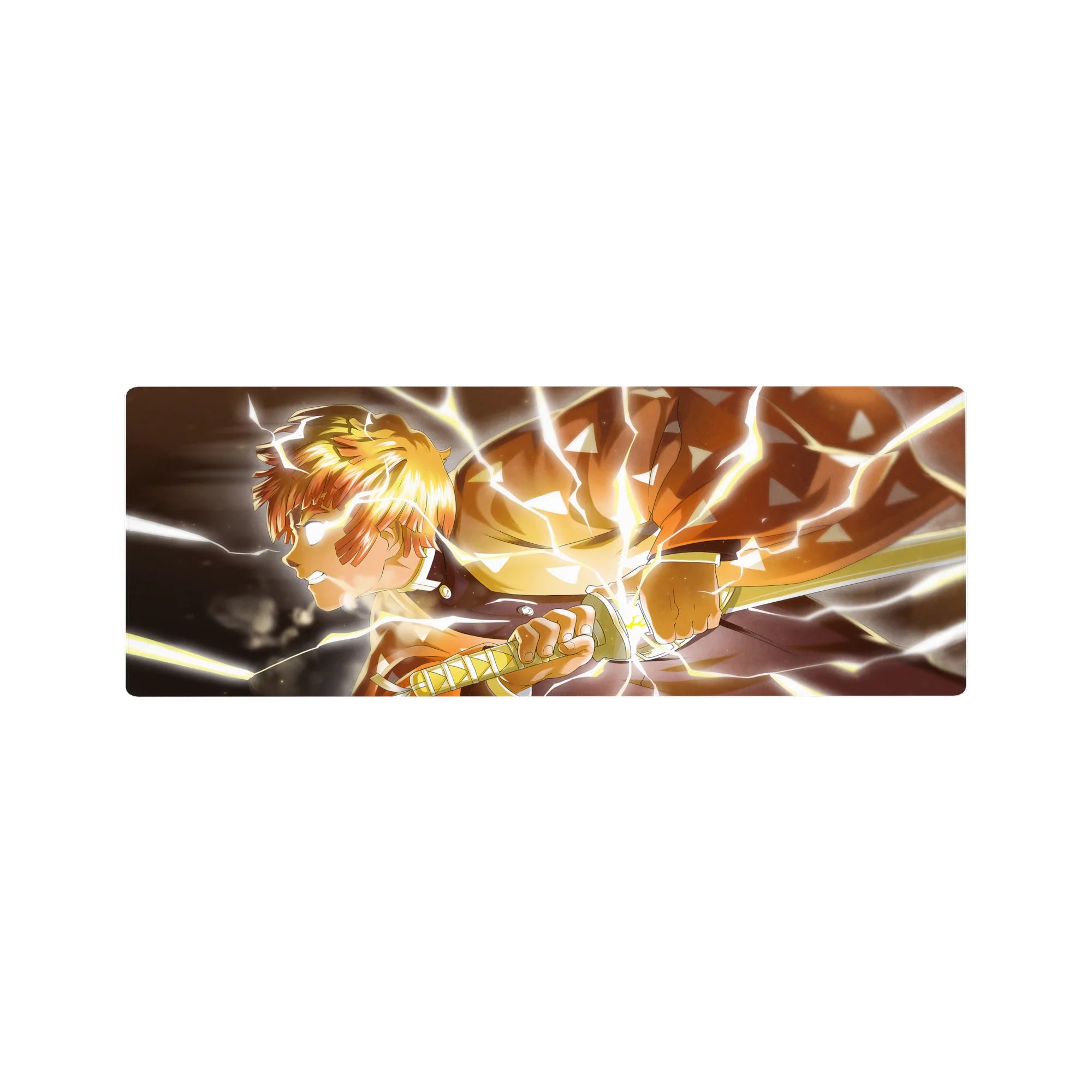 Zenitsu from Demon Slayer on a 32x12 inch anime mouse pad; eyes glowing, blade drawn, with electrifying lightning effects.
