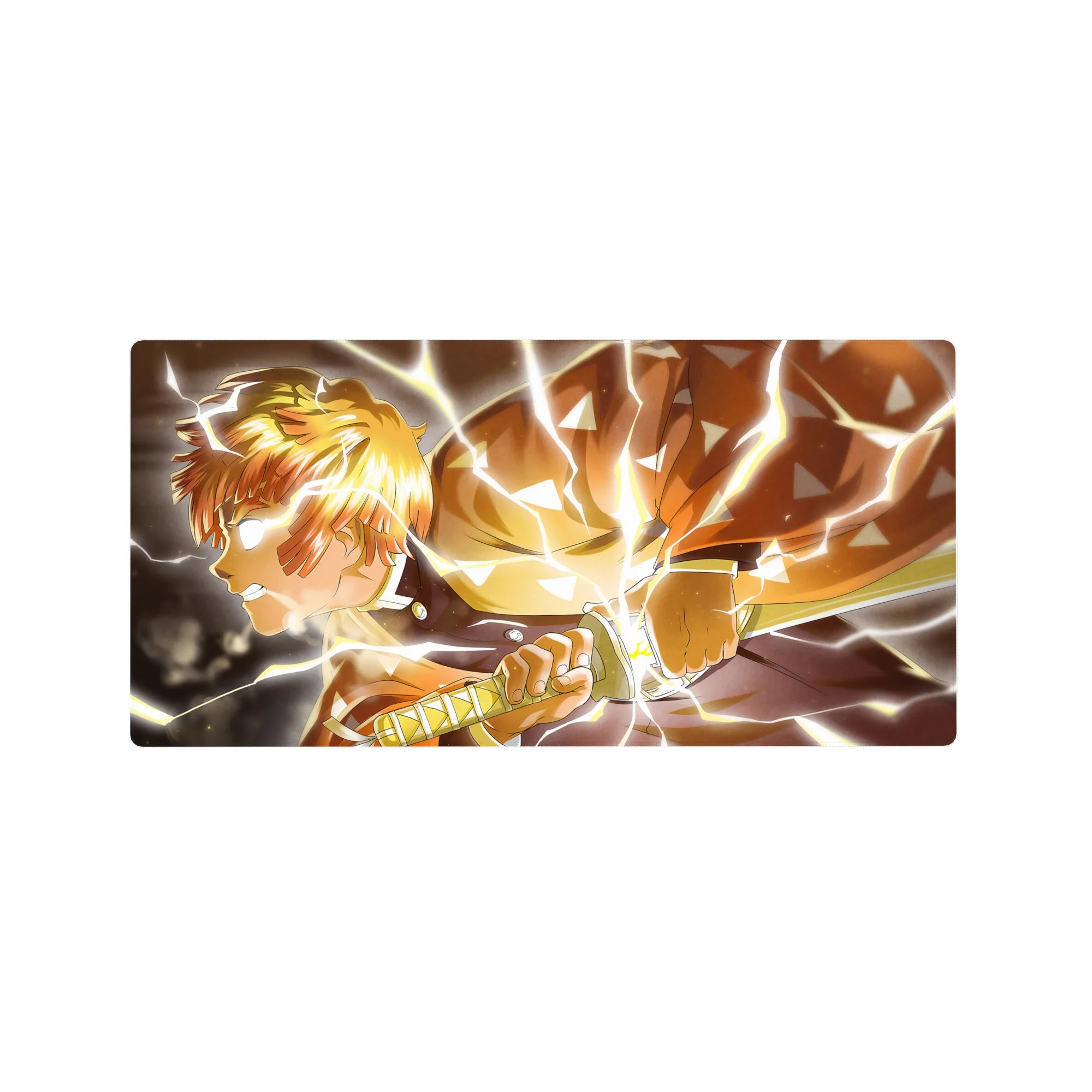 Zenitsu from Demon Slayer anime mouse pad 32x16 inches, showing him mid-flash with glowing eyes, drawn blade, and lightning.