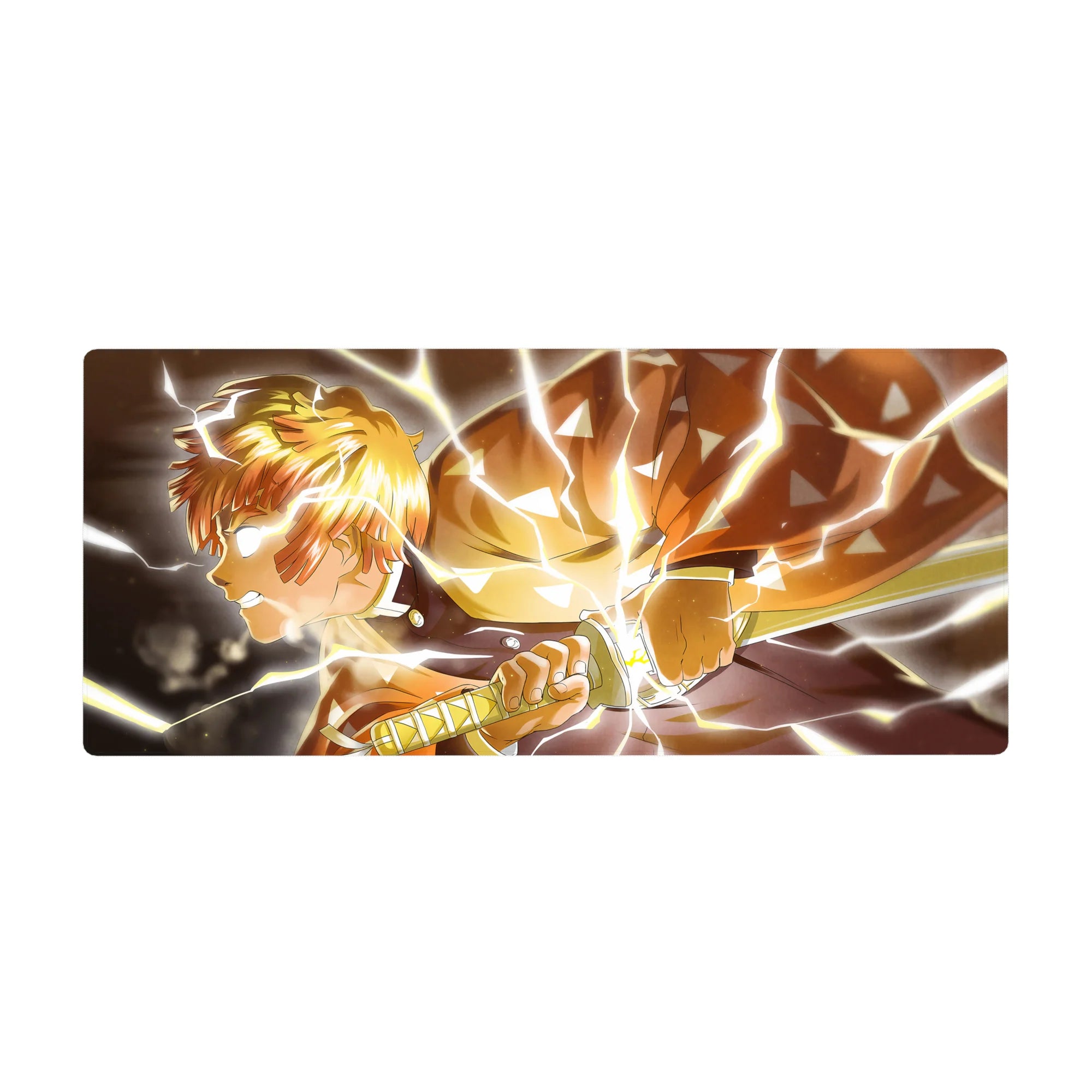 Zenitsu from Demon Slayer anime desk pad 36x16 inches, showcasing his iconic lightning speed and glowing eyes in vivid golds and oranges.