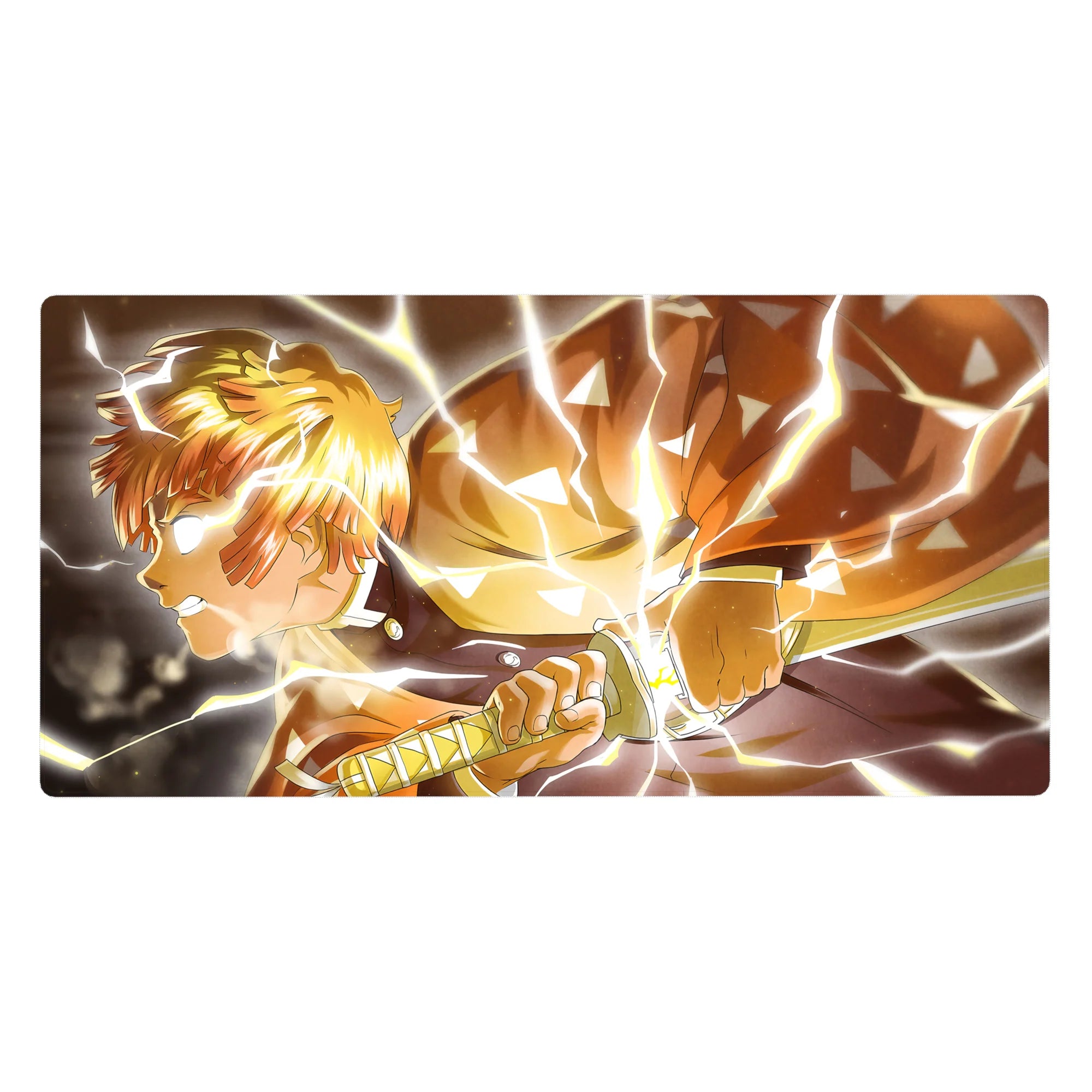 Anime desk pad 40x20 inches featuring Zenitsu from Demon Slayer, lightning effects, glowing eyes, and iconic haori pattern.