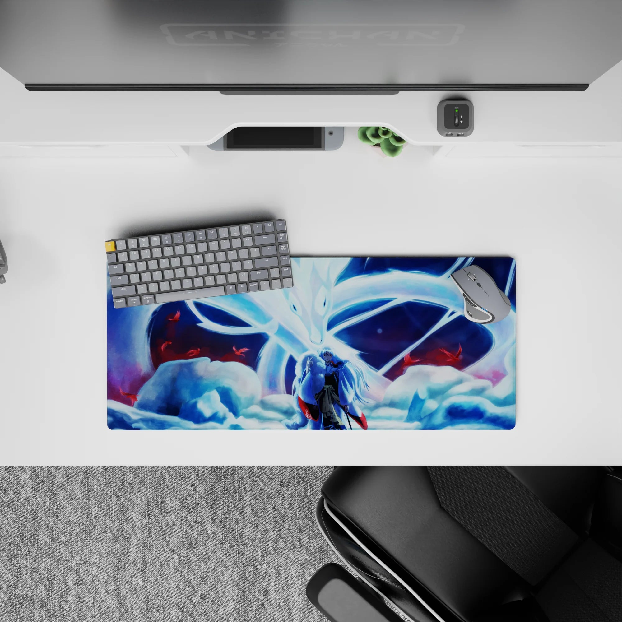 Blue-toned icy night anime mouse pad 28x12 inches, soft glow with red petals and deep shadows.