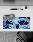 Blue-toned icy night anime mouse pad 28x12 inches, soft glow with red petals and deep shadows.